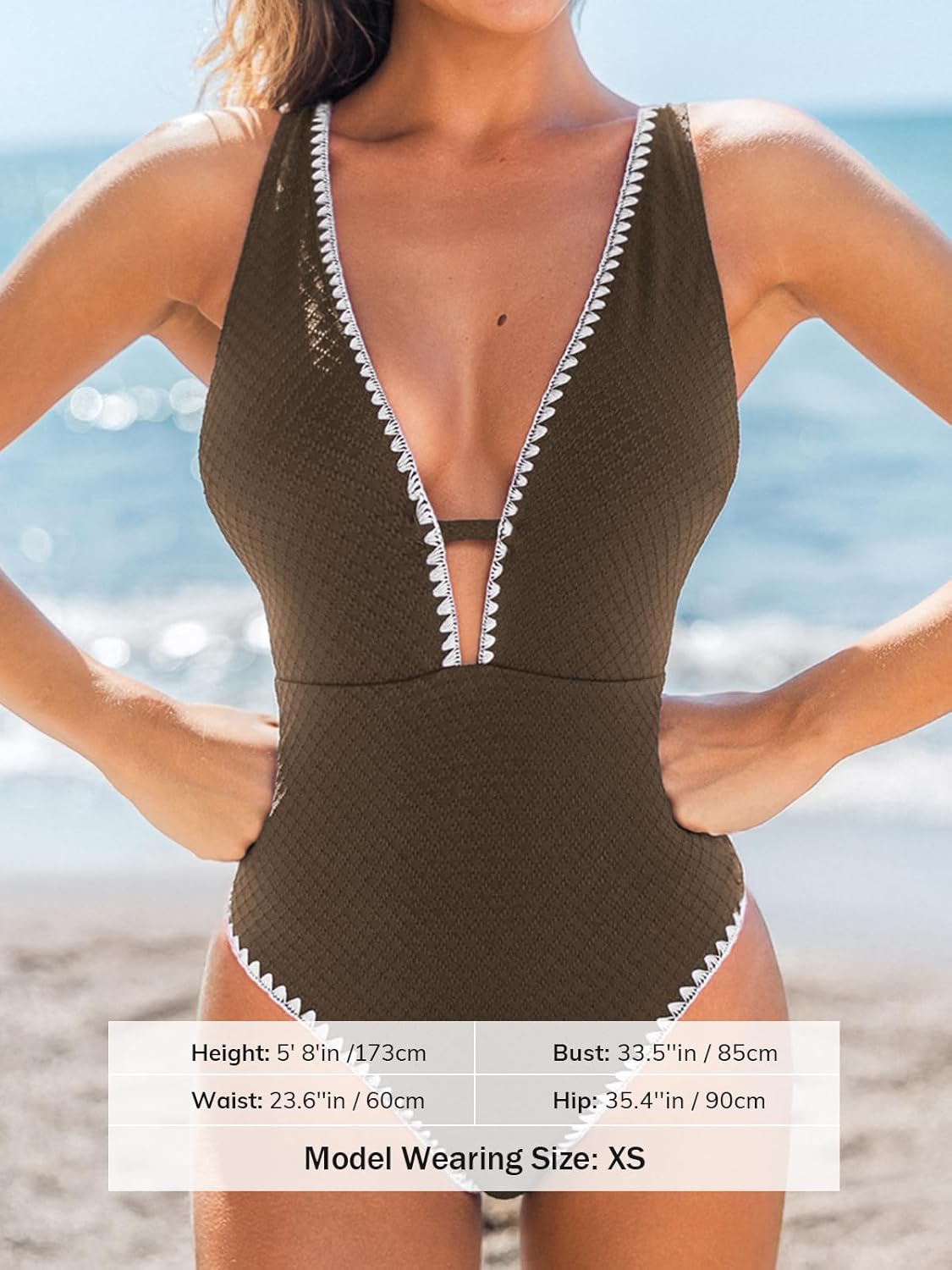 CUPSHE Women's One Piece Swimsuit Tummy Control V Neck Cutout Bathing Suit Crisscross Back Textured Cheeky Bottom - Image 5