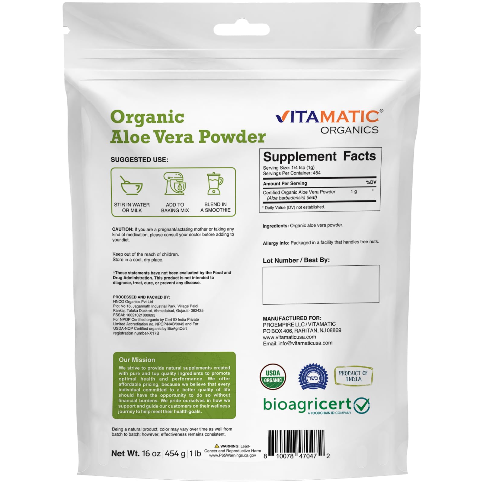 Vitamatic USDA Organic Aloe Vera Powder, 1 LB (16 oz) — Amazon image 9