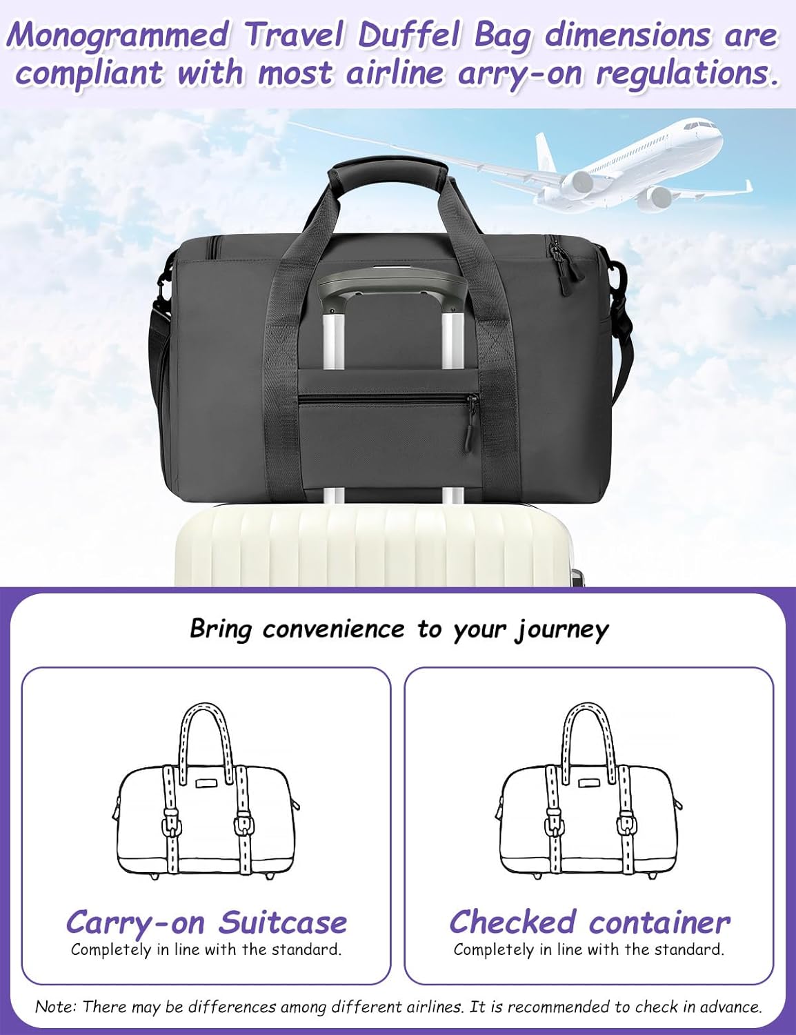 Initial Travel Duffle Bag Women Gifts, Teen Girl Trendy Stuff, Birthday Gifts for Women, Girls Gym Bag, Gym Bag for Women, Traveling Bag for Girls, Kid Gymnastics Bags with Toiletry Bag, Black A - Image 4