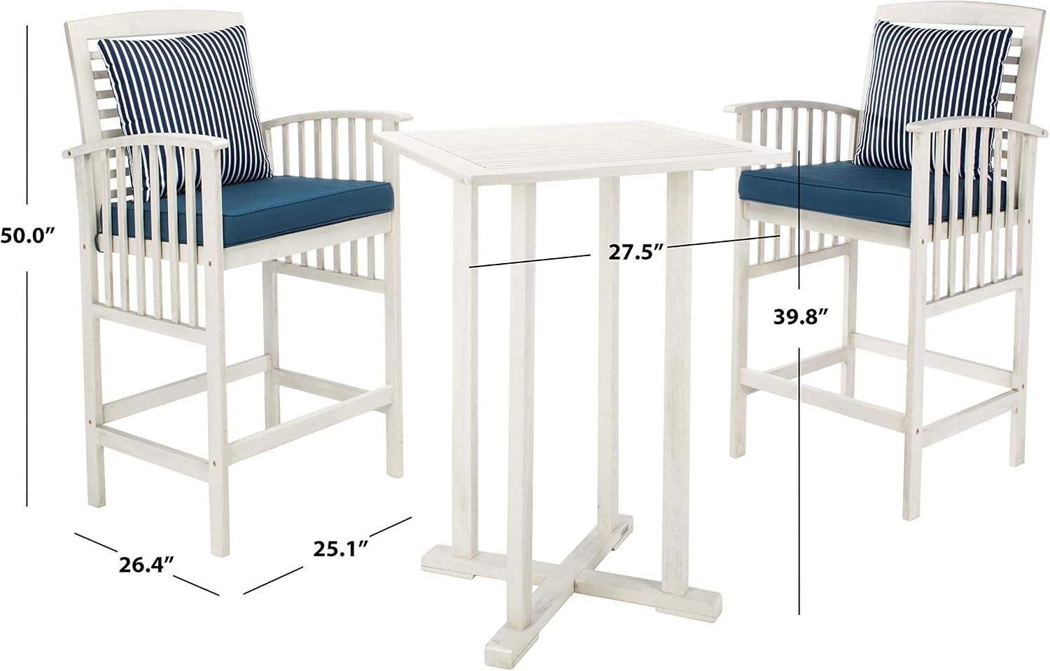 SAFAVIEH Outdoor Collection Pate White/ Navy Cushions/ Stripe Pillows 3-Piece Bar Table Bistro Set