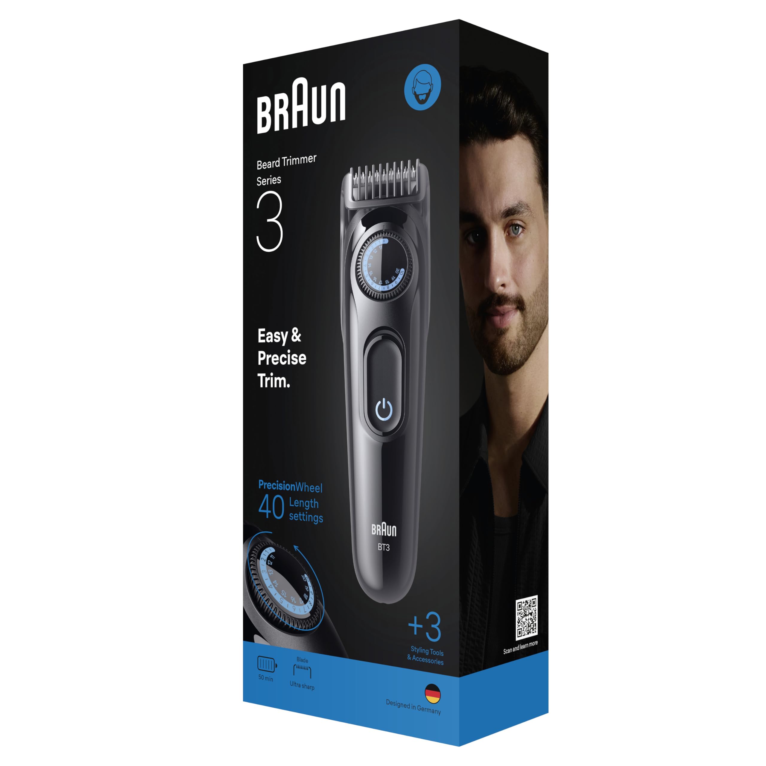 Braun Recortadora De Barba Hombre Series 3, BT3520, Negro/Azul | Barbero Recargable, 3 Accesorios de Afeitado, Lámina de Corte Ultra Afilada, 50 Min de Uso, 40 Longitudes