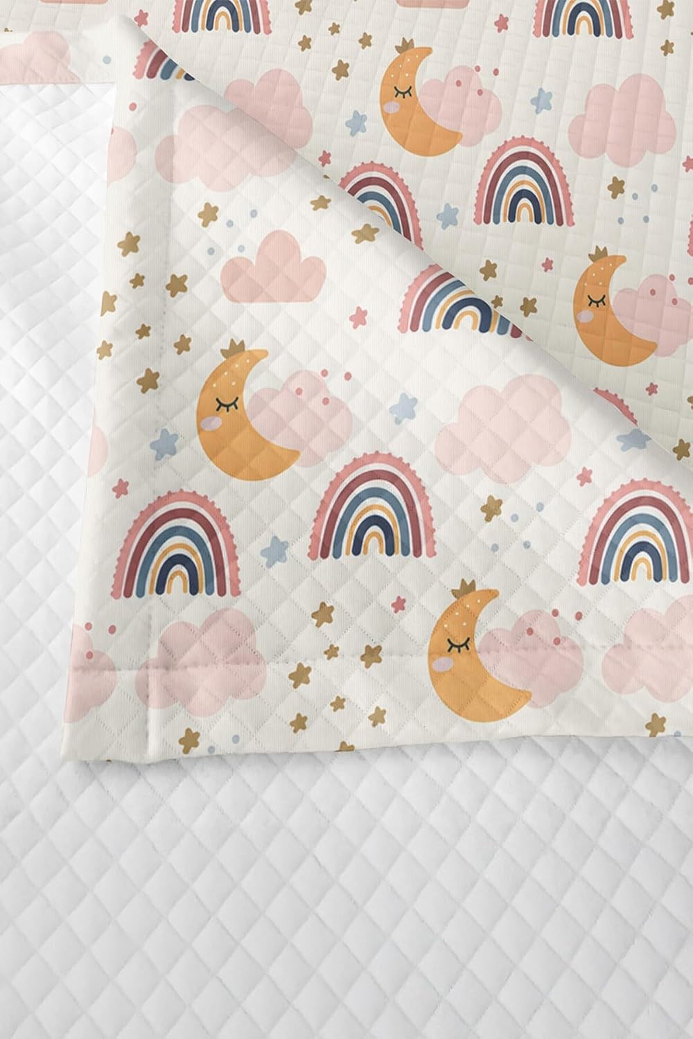 SODEF Bedding Set Twin Size Moon Cloud and Rainbow Design Pastel Colors for Baby and Kids, Lightweight Quilt Set with Pillow Sham, Cotton Polyester Blend - Multicolor, One Size