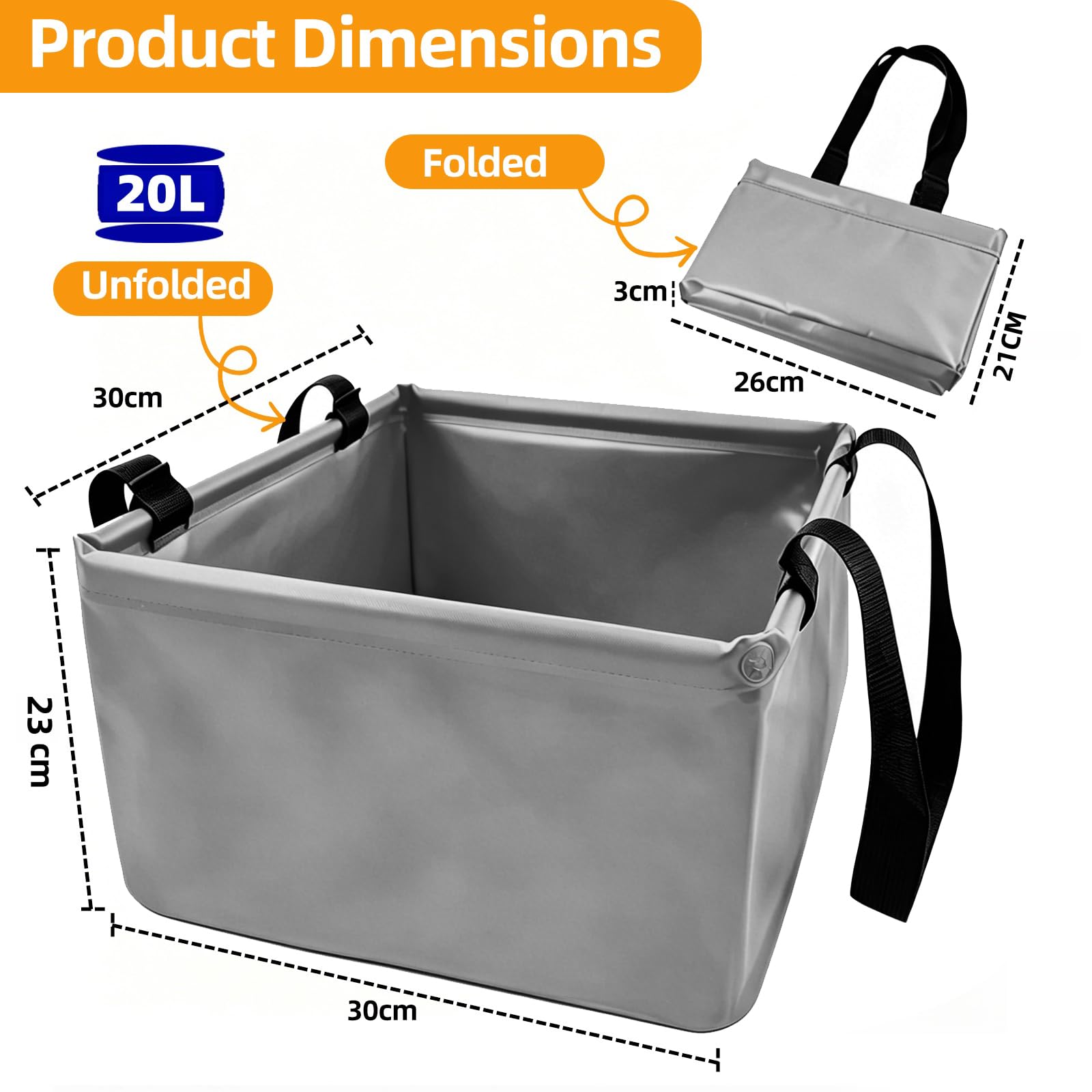 Bol Pliable de 20L, Bol de Camping Carré, Pliable, Adapté à l’Extérieur, la Vaisselle et Le Pique-Nique(Gris 20L)