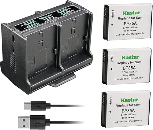 Kastar Paquete de 3 baterías BP-85A y cargador cuádruple compatibles con Samsung EC-WB210ZBPRUS, PL210, SH100, ST200, ST200F, WB210, EC-PL210ZBPUUS,