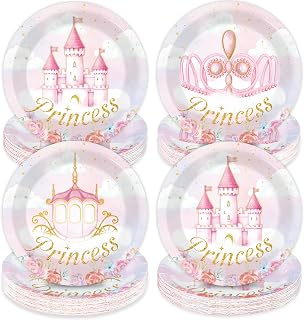 Qyeahkj 60 Pcs Princess Birthday Party Paper Plates for Girls Pink Princess Party Supplies Disposable Floral Castle Dinnerware 7inch Fairy Theme Tableware Set for Woman Wedding Baby Shower Decorations