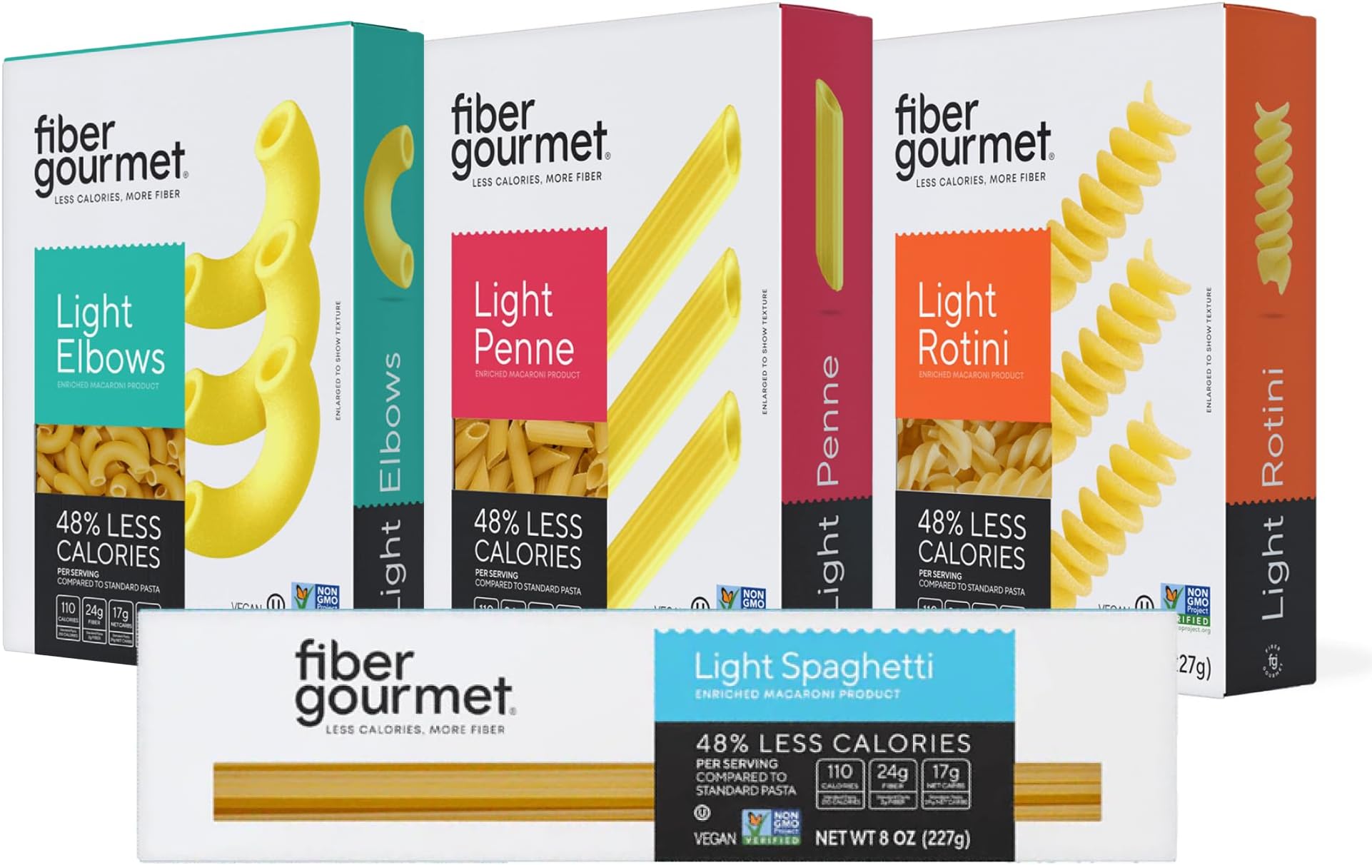 Fiber Gourmet Pasta Variety Pack, 1 8oz Box Each of Spaghetti, Rotini, Penne, Elbows, Low Calorie & Fiber-Rich Pasta Bulk, Made in Italy, Non-GMO, Kosher, Vegan (4-Pack)