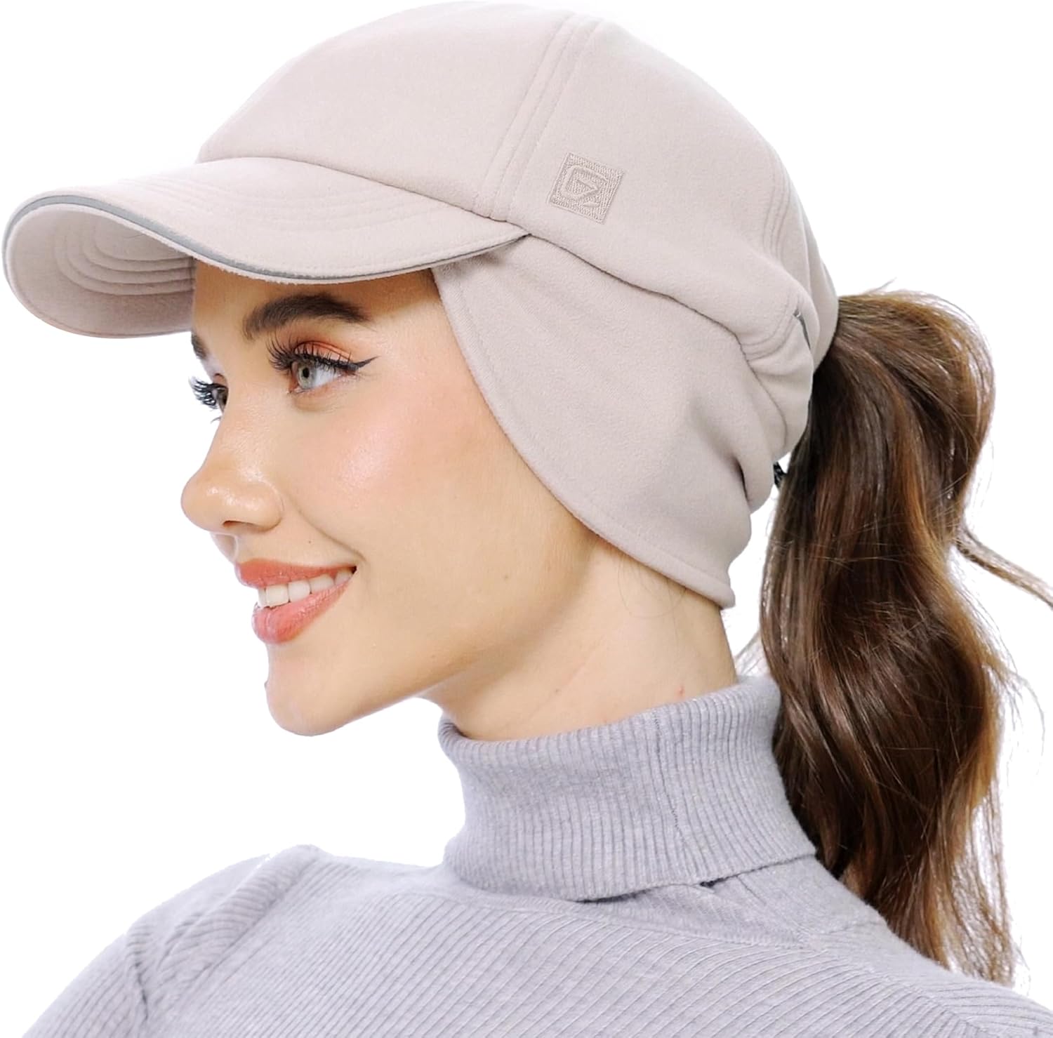 GADIEMKENSD Women's Fleece Ponytail Hat - Reflective Winter Hat with Flip Down Ear Warmer, Vertical Ponytail Hole, Adjustable