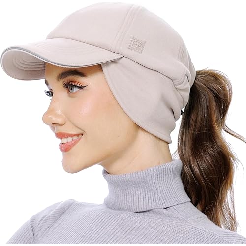GADIEMKENSD Women's Fleece Ponytail Hat - Reflective Winter Hat with Flip Down Ear Warmer, Vertical Ponytail Hole, Adjustable