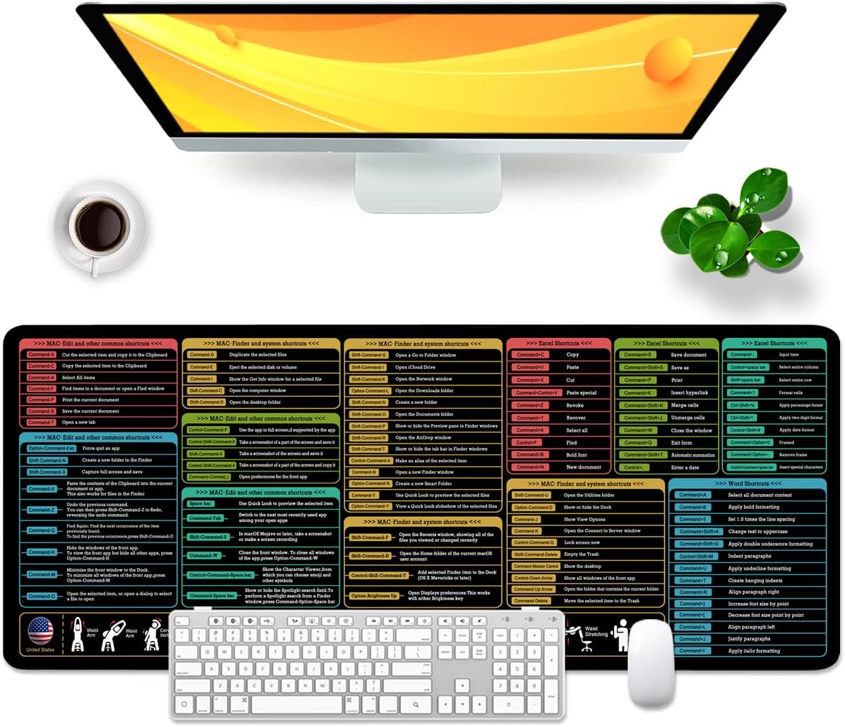 Mac Shortcut Key Mouse Pad Black Large Desk Pad Excel Word Desk Mat Memo, XL Gaming Mouse Mat 31.5x11.8x0.12 inch (Mac Commands)