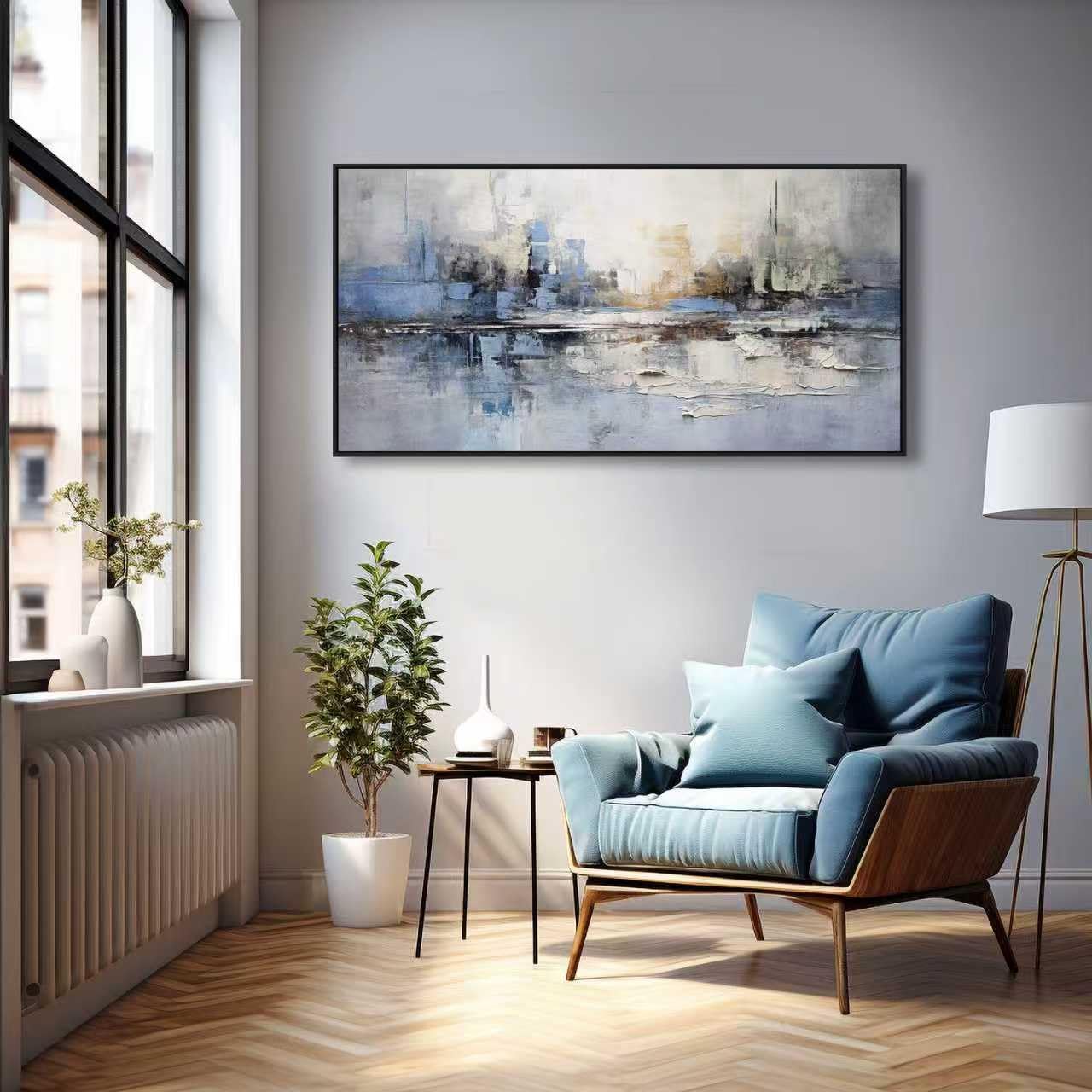Abstract Wall Art Blue and White Reflection Large Size Framed Artwork Wall Decor Canvas Painting Stretched Canvas Wooden for Living Room Bedroom Office Home Decor Frame ready for hanging 31"x70"