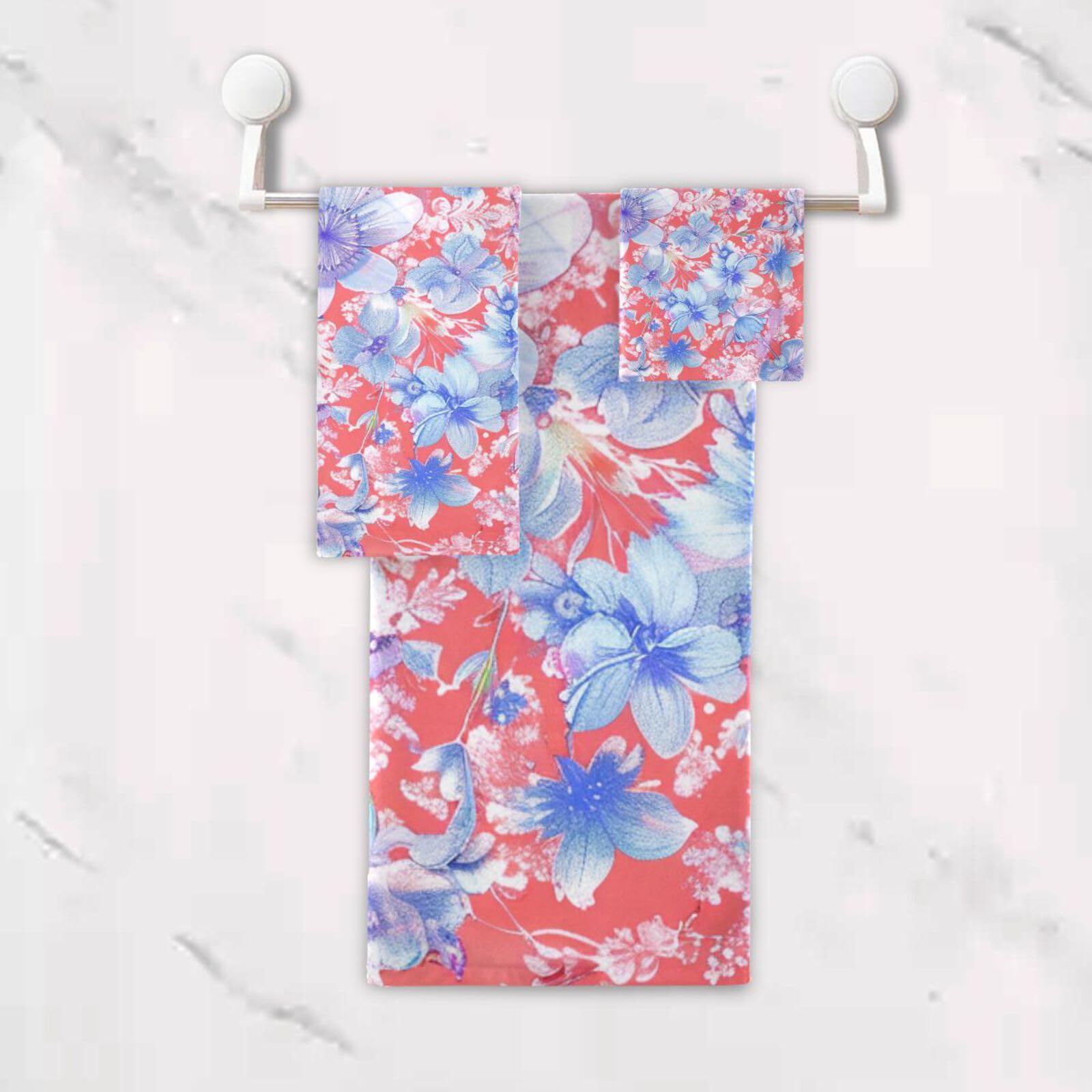 Set di 3 asciugamani da viso in stile bohémien, motivo floreale, rosso e blu, ad asciugatura rapida, 1 asciugamano da bagno, 1 asciugamano per le mani, 1 panno per yoga, bagno e cucina