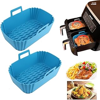 Silicone Air Fryer Liners for Ninja Dual Air Fryer, Reusable Air Fryer Silicone Liner for Ninja Air Fryer Accessories, Air Fryer Basket Airfryer Liners for Ninja Dual Foodi DZ201/DZ401 (2 Blue)