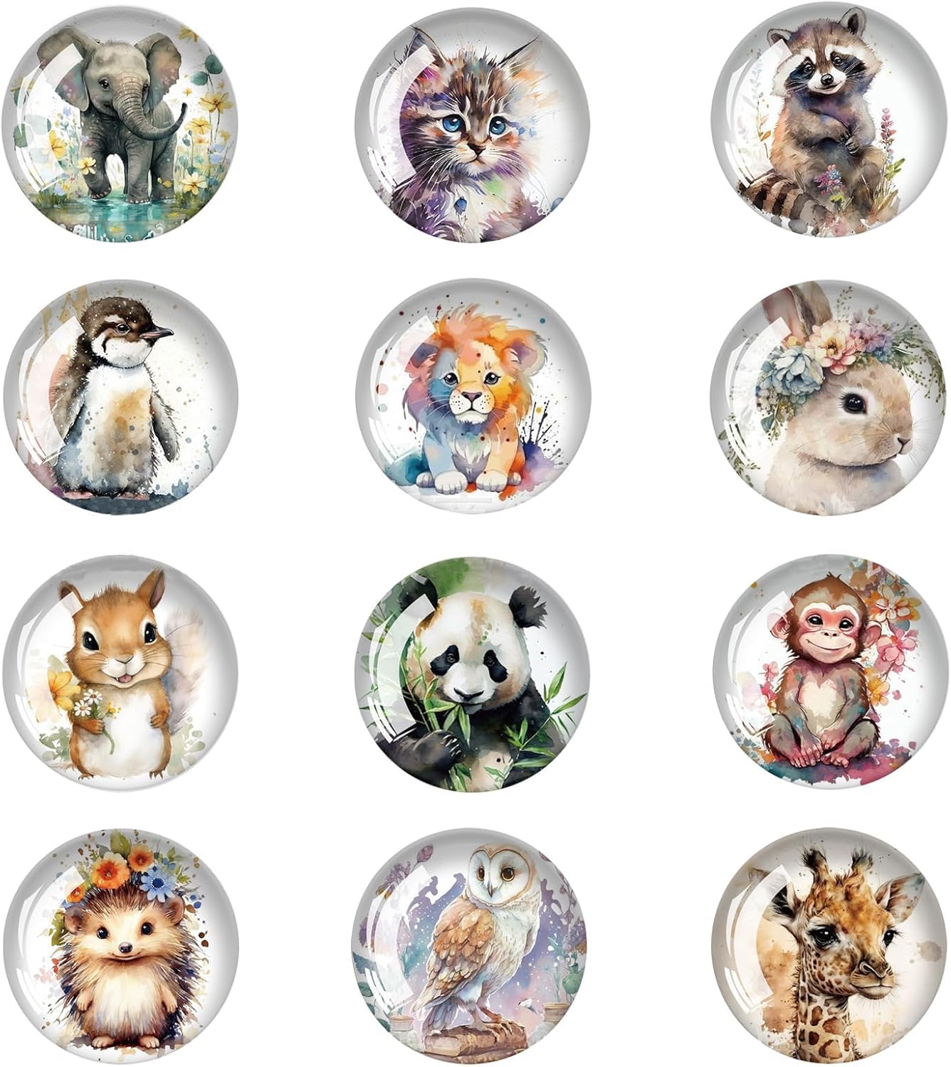 DIGNFENG Set of 12 Fridge Magnets Animals - Watercolour Design Glass Magnets 3 cm Small Round Funny Magnets for Fridge, Whiteboard, Notice Board, Magnetic Board, Decorative Magnets Gift