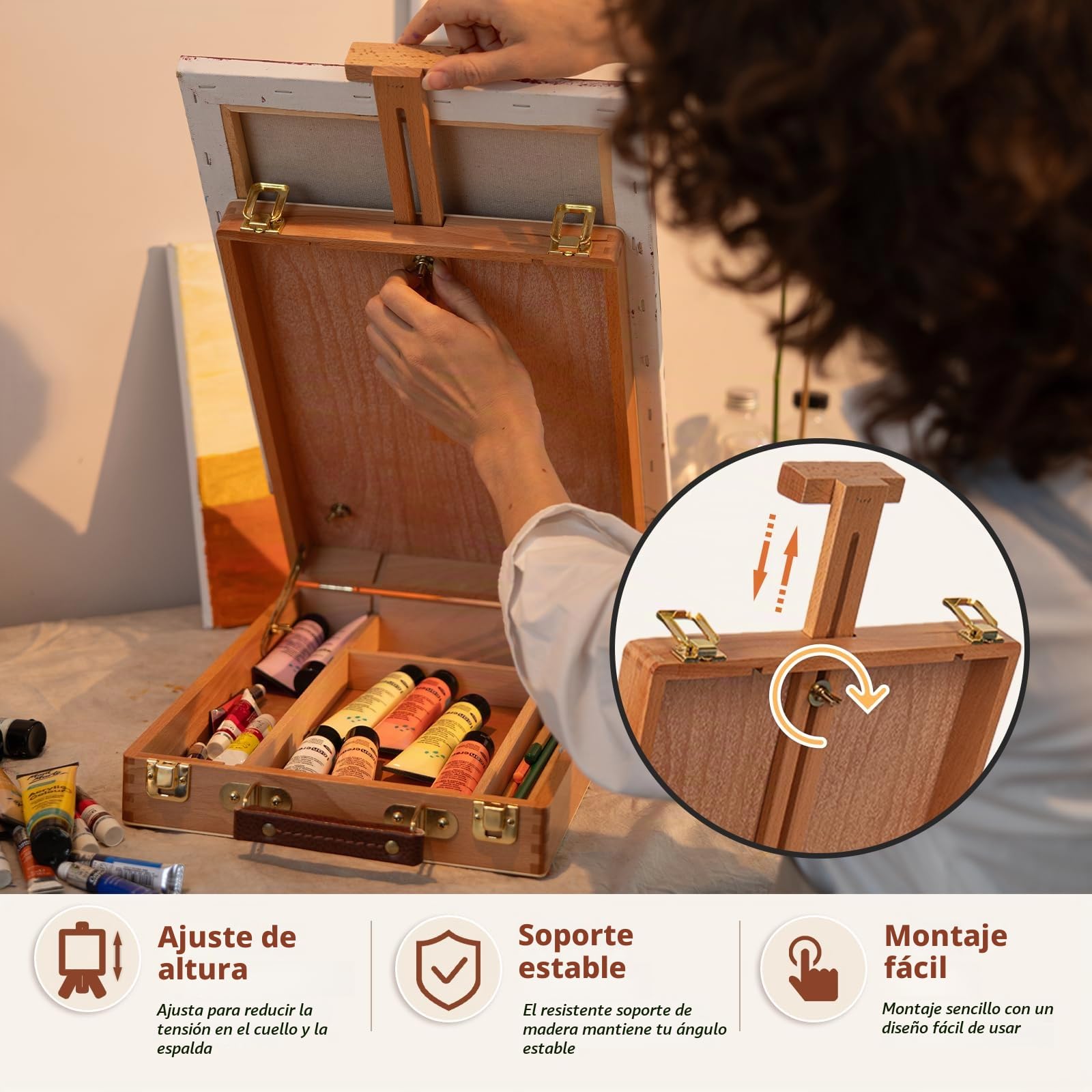 DJAR Caballete de Mesa de Madera de Haya Maciza, Caja de Bocetos de Escritorio Portátil con Almacenamiento, Ajustable para Lienzos de hasta 53 cm, para Artistas y Principiantes