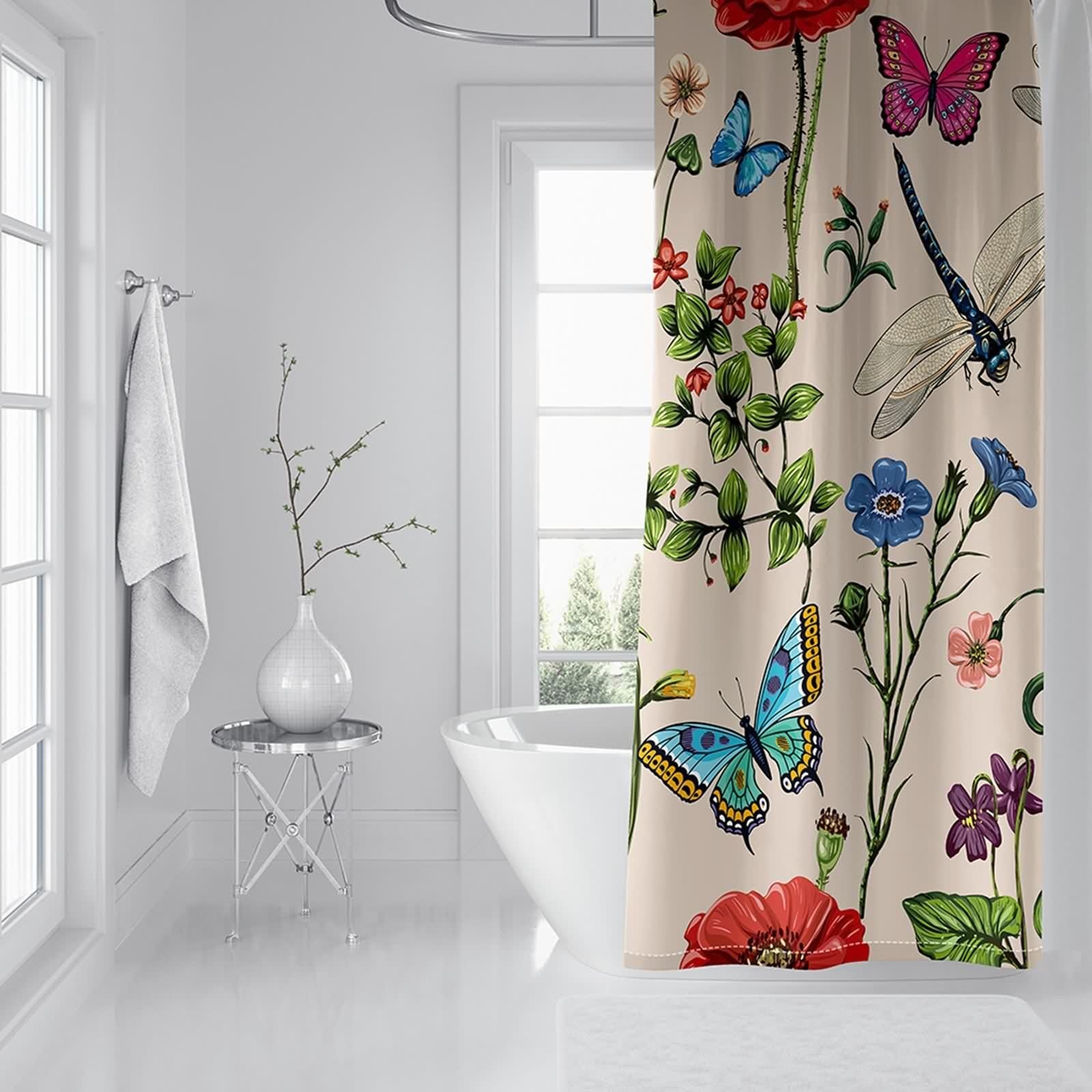 Duschvorhang Textil 240x200 cm Bunt, Blumen Schmetterling Libelle Muster Bad Vorhänge Polyester Waschbar Textil Stoff Bad Vorhang 2,4 x 2m Lang(BxH) inklusive Duschvorhangringen