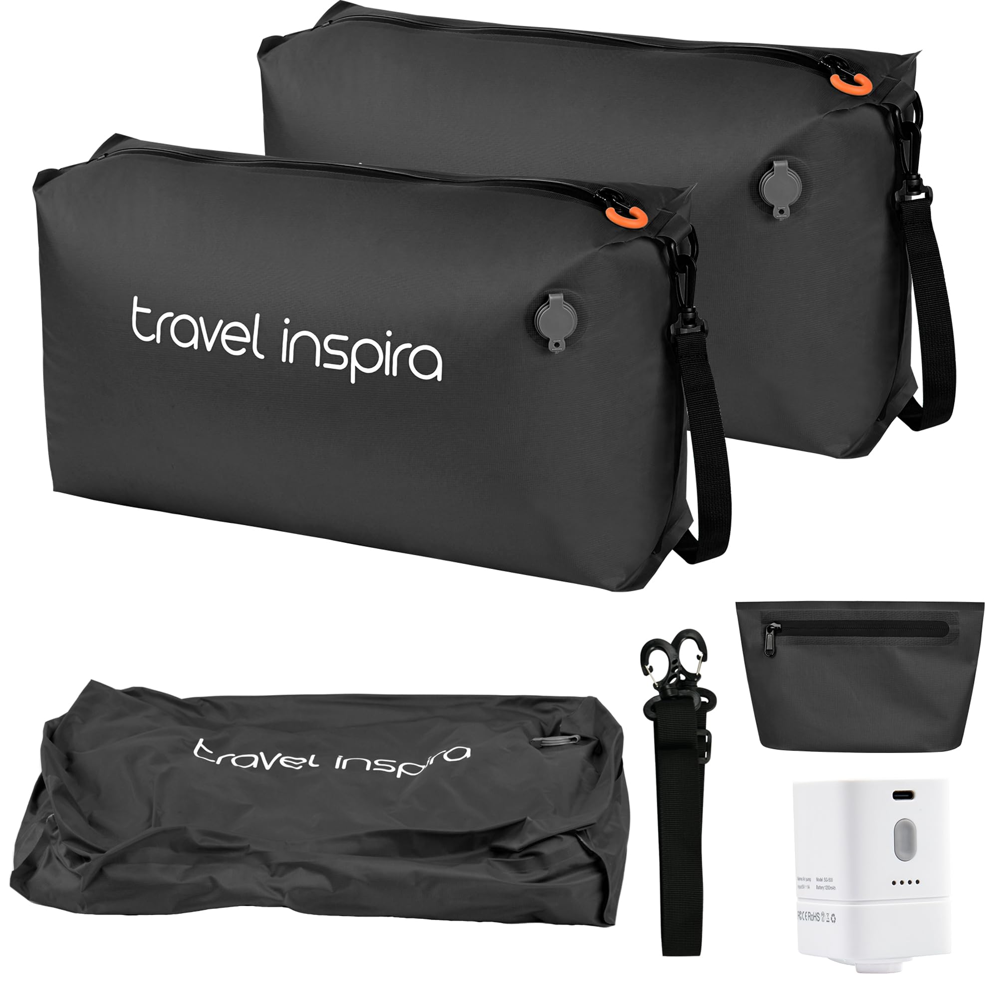 travel inspira 2X TPU Vakuumbeutel für Kleidung Wasserdichtes Reisebeutel | TPU 22L 50% Platzsparend USB-C Aufladbare Pumpe 4500Pa mit Einzelnem Waschbeutel Wiederverwendbar Aufbewahrung & Organisation