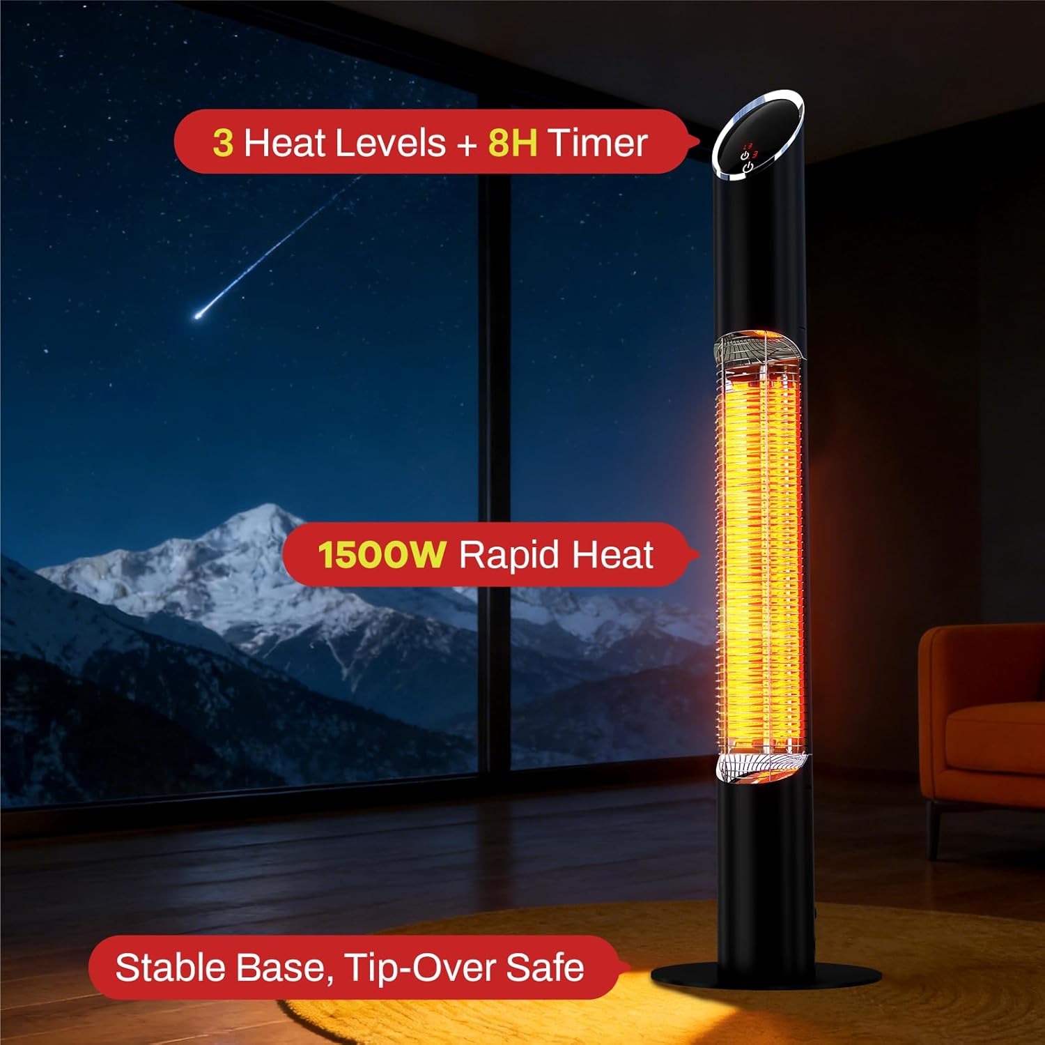 Portable Infrared Heater, Outdoor Electric Patio Heater, Heaters for Outdoor/Indoor Use, Standing Heaters for Patio, Garage, Backyard, 1500W, Black