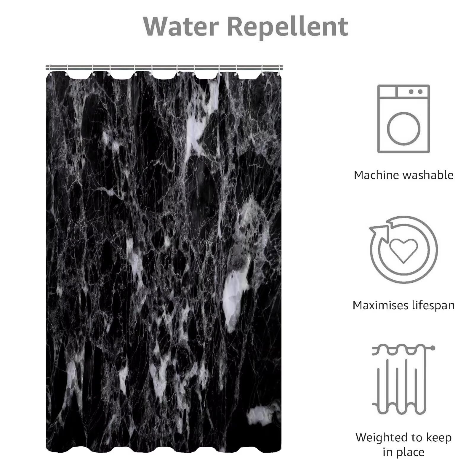 Rideau Douche 180x200cm Polyester Lavable en Machine Imperméable Tissu Rideaux de Douche avec 12 Crochets en C, Ourlet Lesté, pour Salle de Bain Domicile Baignoire Cabine, Hôtel (Abstrait Noir) D#365