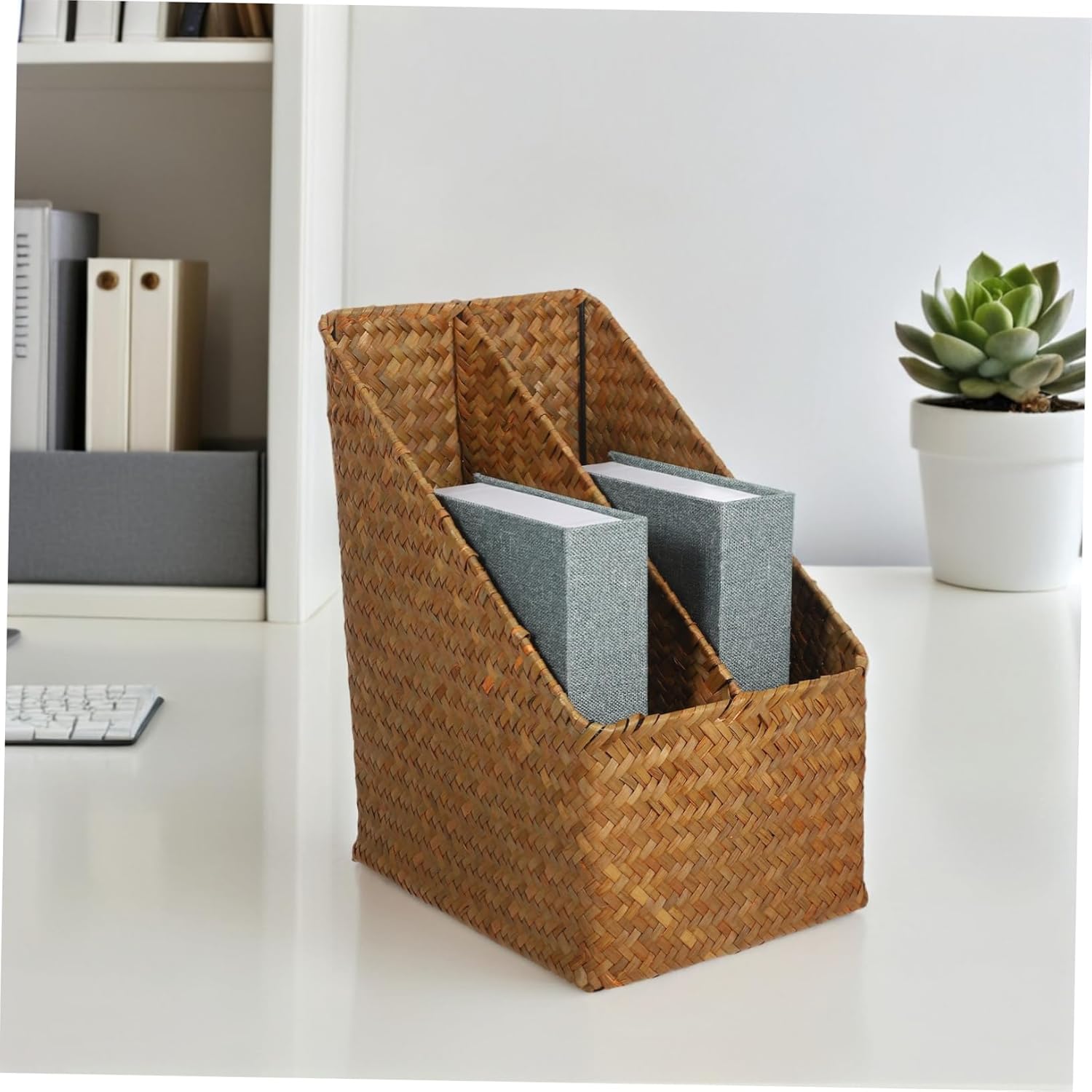 Cabilock Woven Desk File Organizer Basket Stylish Multi Use Storage for Magazines Documents Books Sturdy Handmade Design for Office Living Room Bedroom Double Compartment Storage
