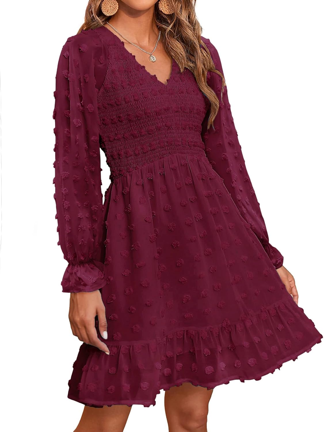 BTFBM Long Sleeve Fall Dresses for Women 2025 Casual V Neck Swiss Dot Smocked Ruffle Chiffon Summer Flowy Mini Dress