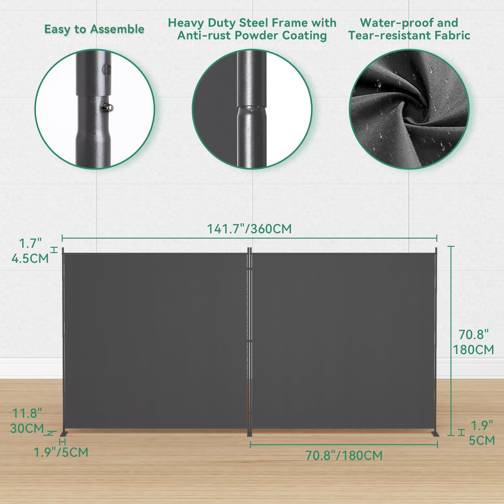 Helios&Hestia Cloison de séparation d'intérieur pliable à 2 panneaux de 1,8 m de haut, écran d'intimité portable, séparateur de séparation autonome, séparation temporaire du mur pour chambre à