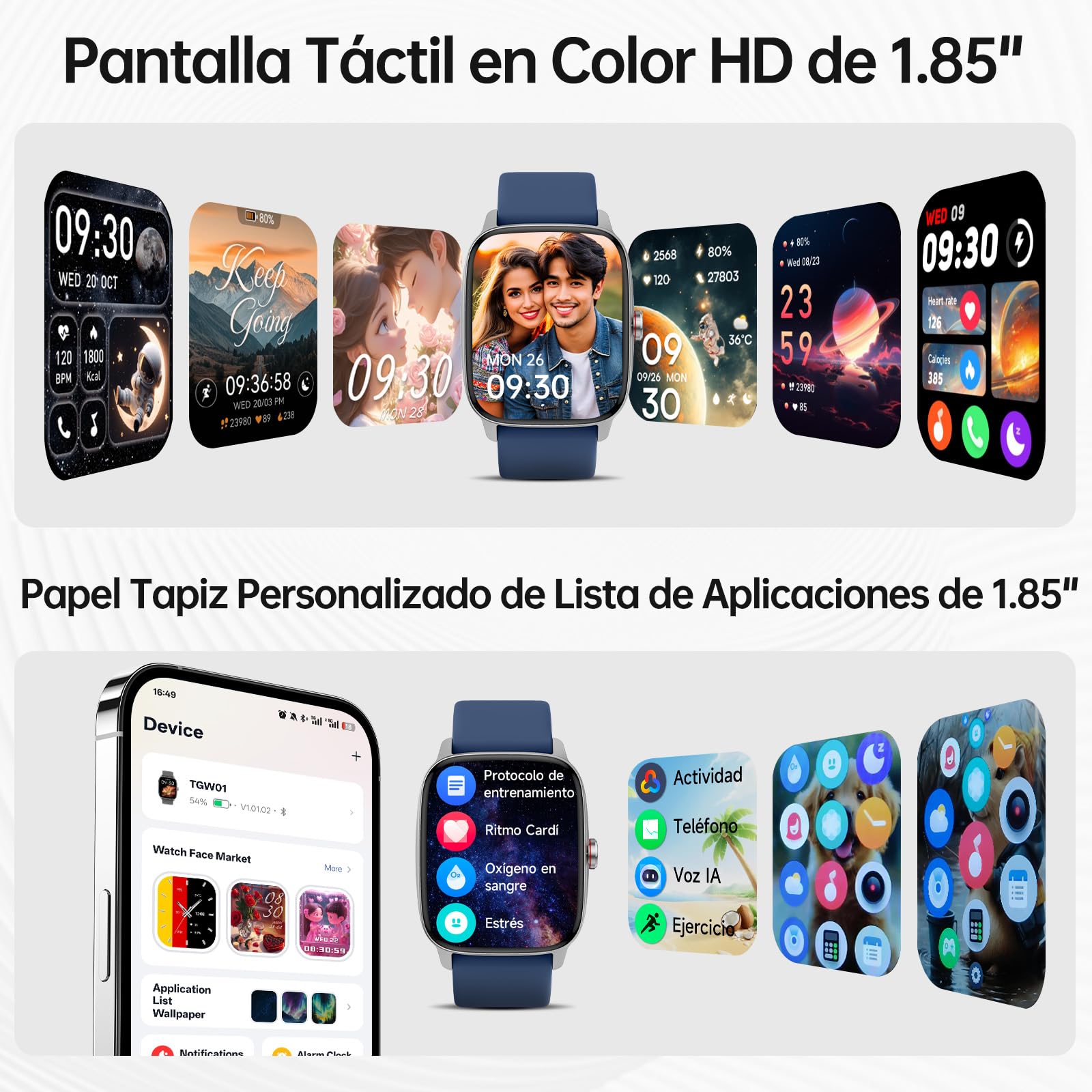 Reloj Inteligente Mujer Hombre con Llamadas Bluetooth y Voz AI, 1.85'' Smartwatch con Whatsapp Notificación, Pulsómetro/SpO2/Sueño/Podómetro, 110+ Modos Deportivos, Impermeable IP68 para iOS/Android