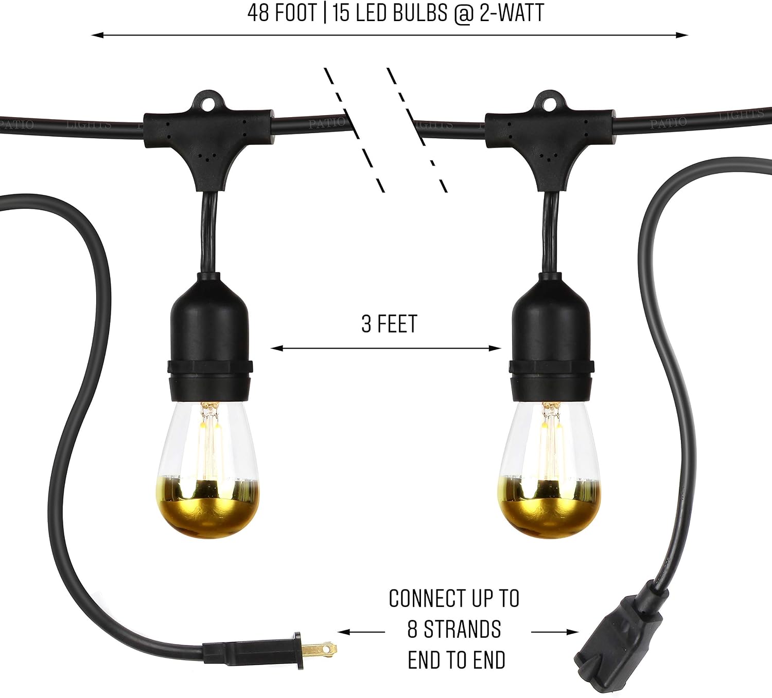 Brightech Ambience Pro LED Outdoor String Lights - 48 Ft Dimmable Patio Lights - Commercial Waterproof Porch String Lights for Outside, Backyard, Gazebo - 2W Anti Glare, Gold Tip Bulbs