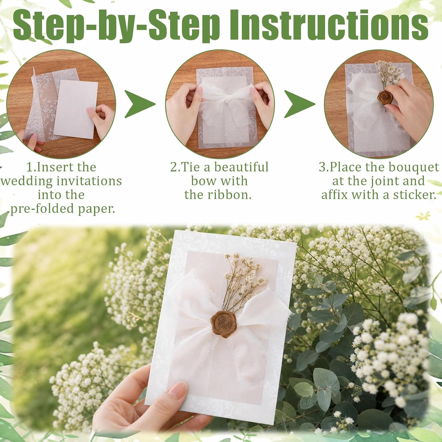 Nymvaq 50Sets Wedding Invitation Kit White, Vellum Jackets with Wax Seals & Ribbon Wedding Invitation Accessories with Dried Flowers, Vellum Jackets for 5x7 Invitations DIY
