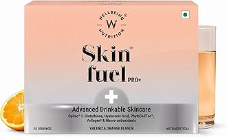 Skin Fuel Pro+ | Glutathione, Vit C & E, CoQ10, Vollagen & PhytoCellTech | Reduced Pigmentation & Dark Spots, Brightens Skin Tone, Anti-aging | Valencia Orange Flavour, 28 Servings