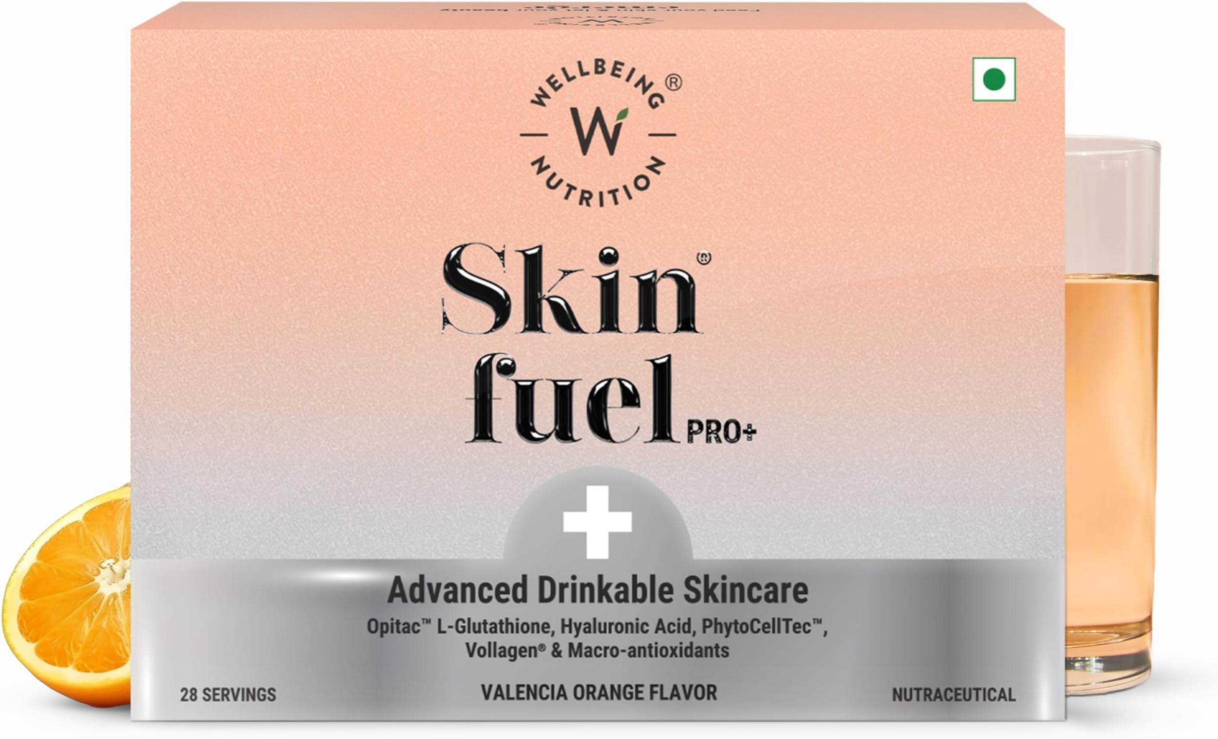 Skin Fuel Pro+ | Glutathione, Vit C & E, CoQ10, Vollagen & PhytoCellTech | Reduced Pigmentation & Dark Spots, Brightens Skin Tone, Anti-aging | Valencia Orange Flavour, 28 Servings