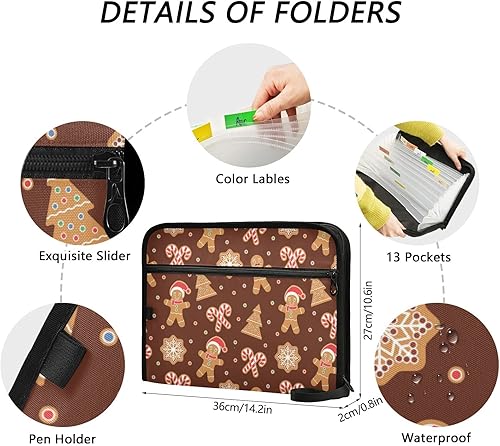 Miniatura 3 de Carpeta de archivos expandible de caramelo de jengibre de Navidad, 13 bolsillos, impermeable, con etiquetas adhesivas, árbol de copo de nieve de