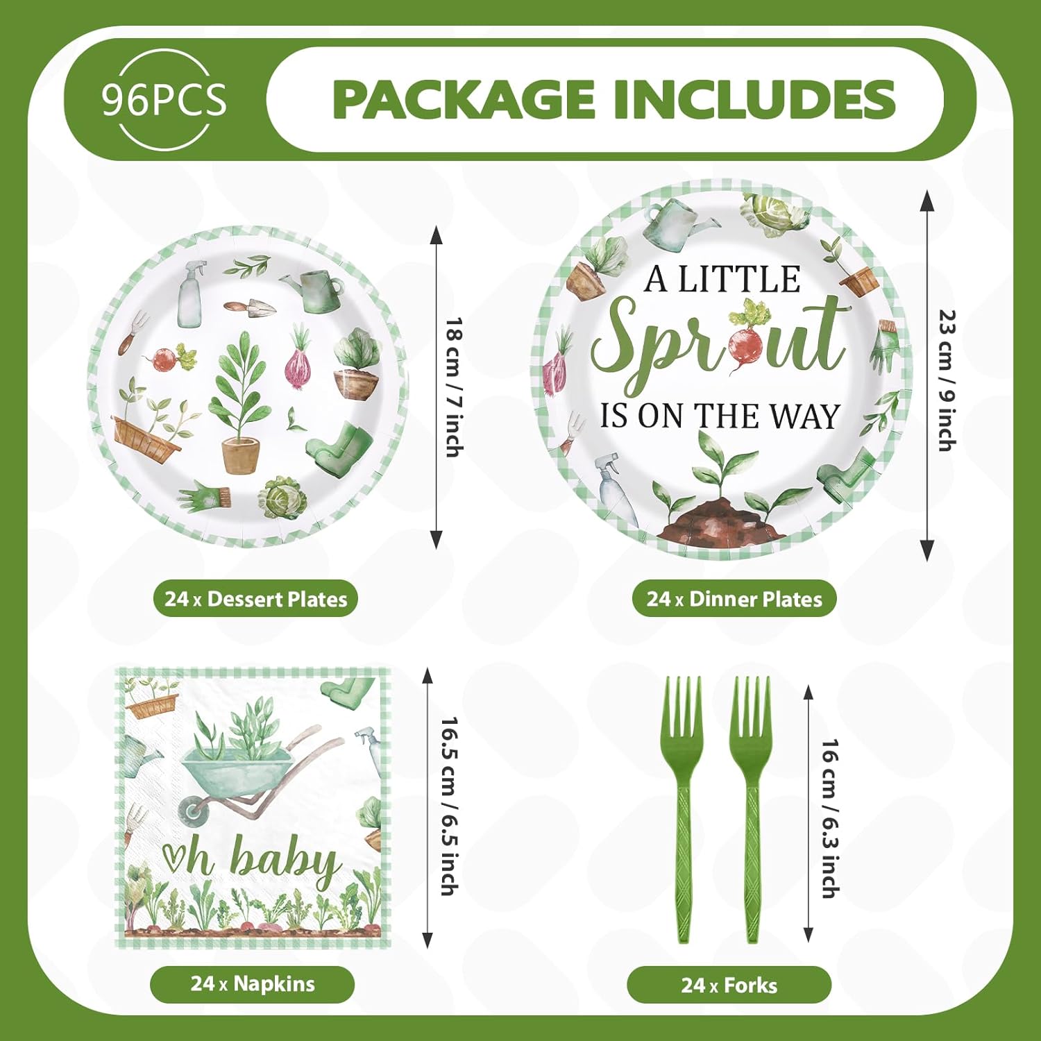 96Pcs Little Sprout Baby Shower Party Supplies Vegetables Spring Garden Plates and Napkins Disposable Greenery Nature Farm Tableware Set for Kids Birthday Gender Reveal Party Decorations Serves 24