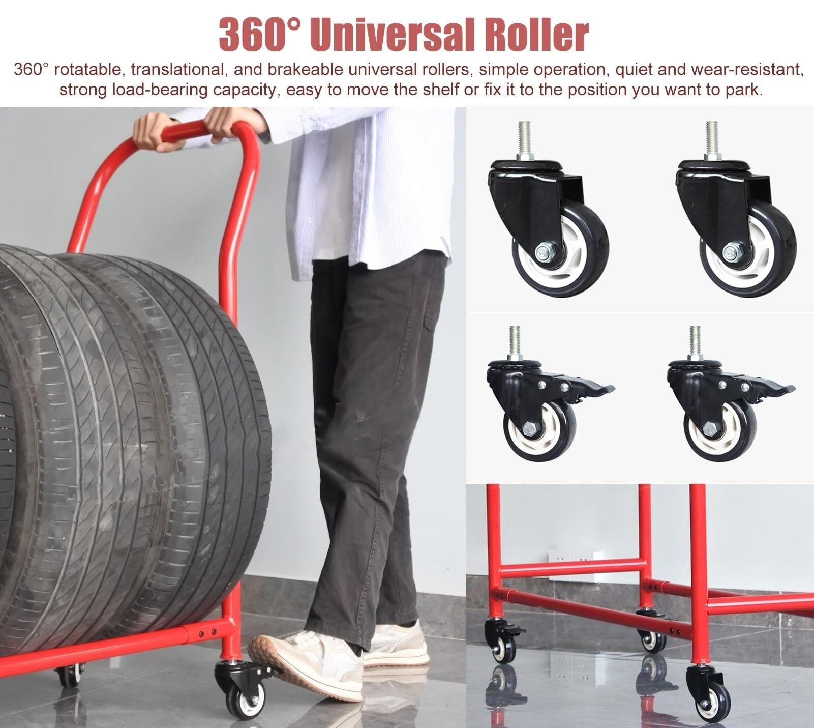 Porta Pneumatici con Ruote, Supporto per Pneumatici da Garage con Maniglia e Ruota, Organizer per mozzi e Cerchi in Metallo