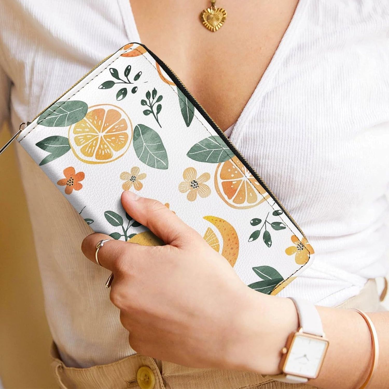 Leather Clutch Wallet with Zip, Hand Strap Oranges And Lemons Wallet Purses And Handbags for Women, Large Capacity