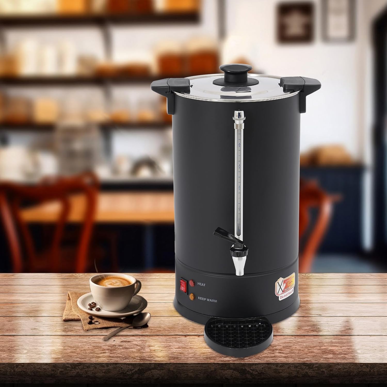 Commercial Stainless Steel Coffee Urn, 3.96Gal/15L Electric Coffee Pot Dispenser with Water Collecting Tray Hot Beverage Dispenser Black Electric Percolator Coffee Pot for Wedding Party Catering