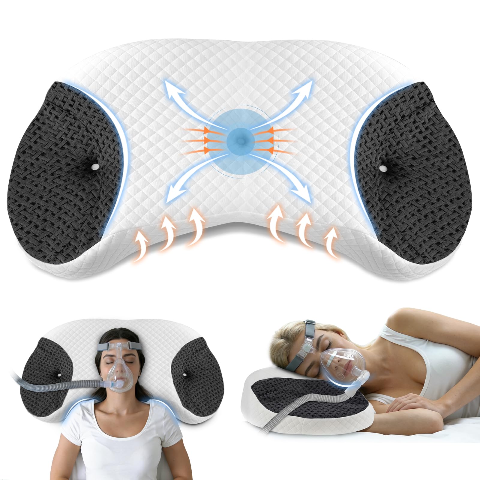Photo 1 of ROOWANA CPAP Pillow for Side & Back Sleepers - Mask Compatible Contour Design to Reduce Leaks, Breathable Memory Foam Pillow with Ergonomic Support & Hose-Friendly Cutouts for Comfortable Sleep, Black