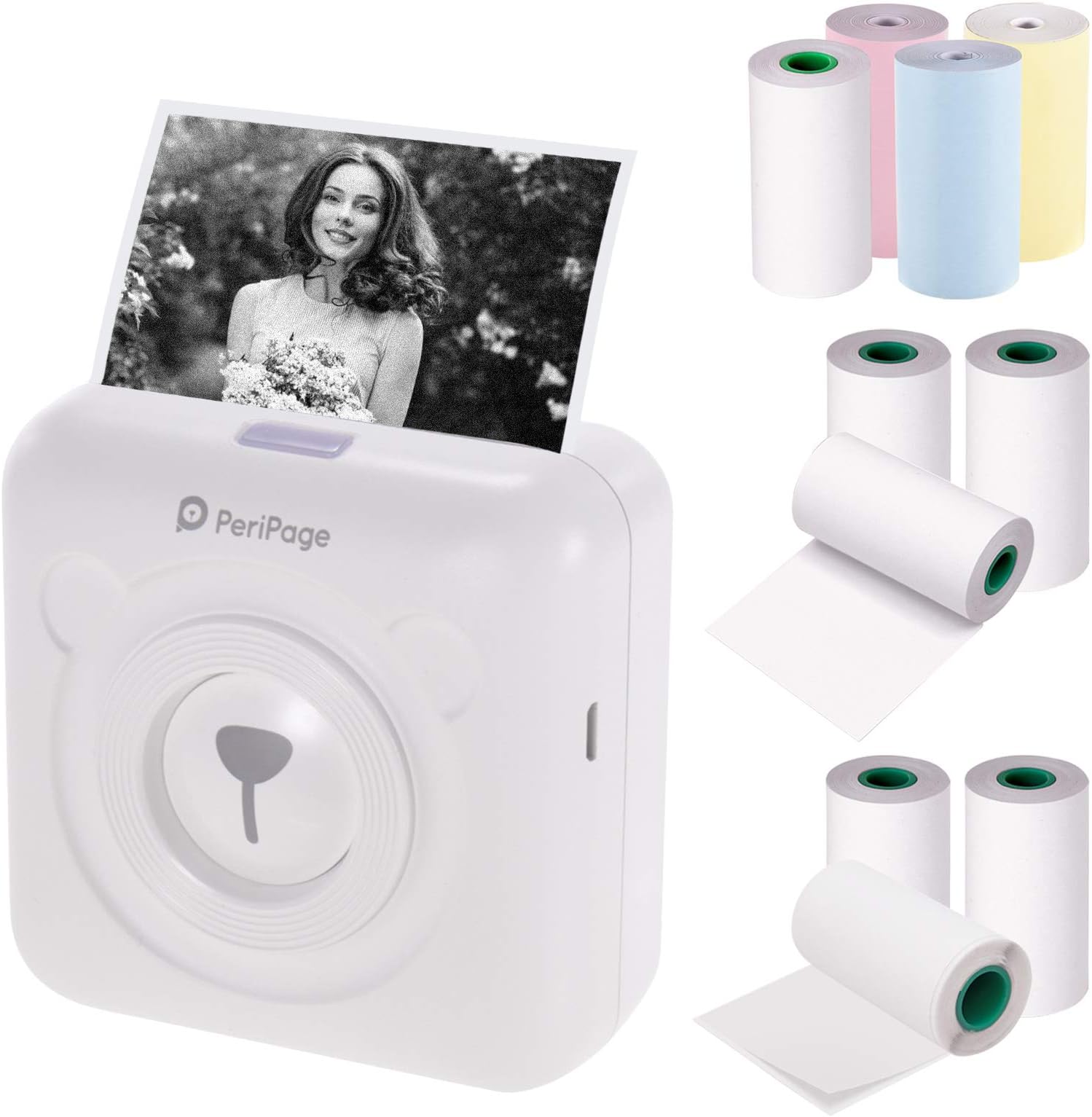 Aibecy PeriPage Mini Printer, BT Thermal Printer Picture Label Memo Receipt Paper Printer + 3 Rolls Color Thermal Paper + 3 Rolls White Adhesive Sticker Paper + 3 Rolls White Thermal Paper No Adhesive