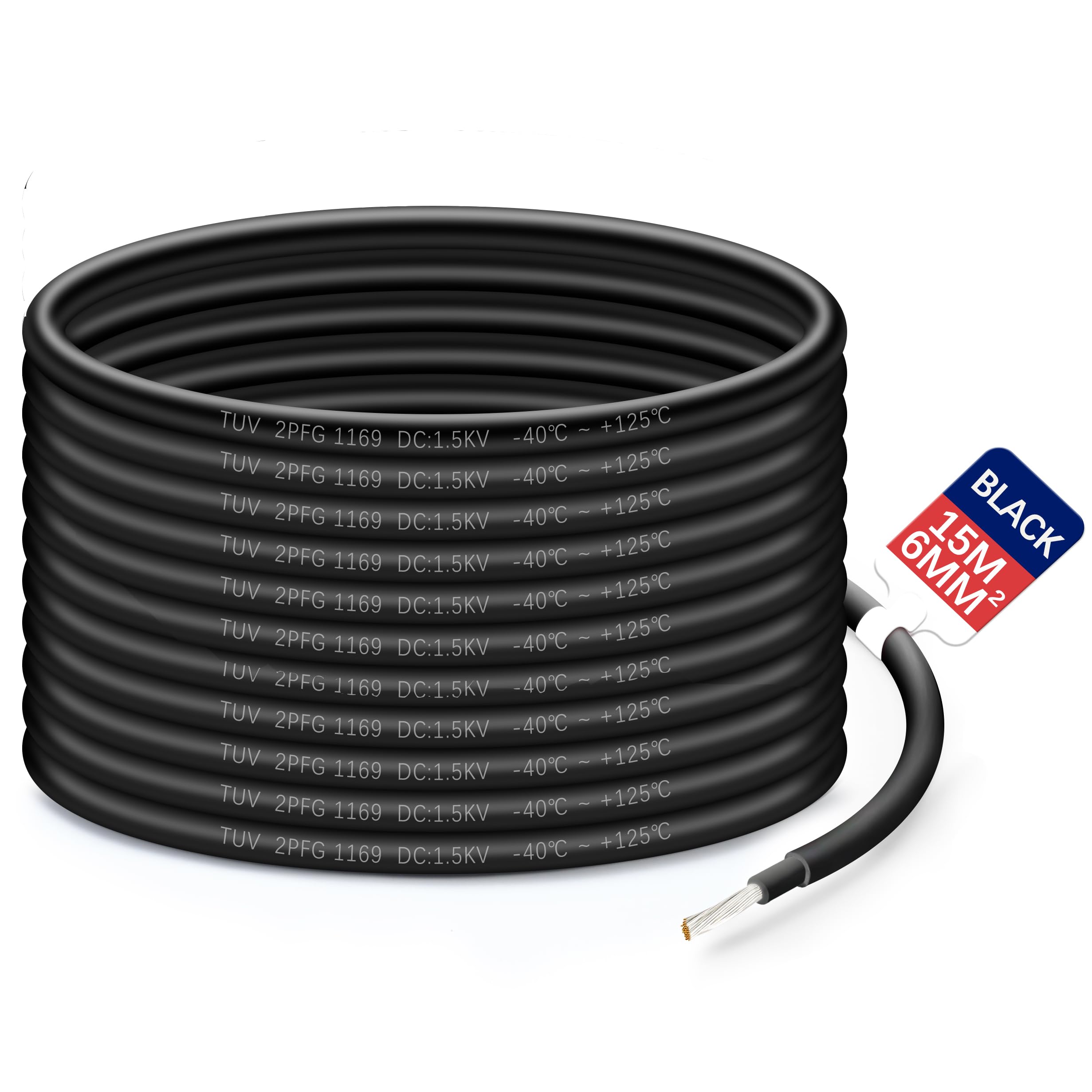 Solar Panel PV Cable DC Rated Red Black 4mm² 6mm² 5/7/10/20/25/35m Double Insulated Quality Wire (BLACK, 6mm²-15m)