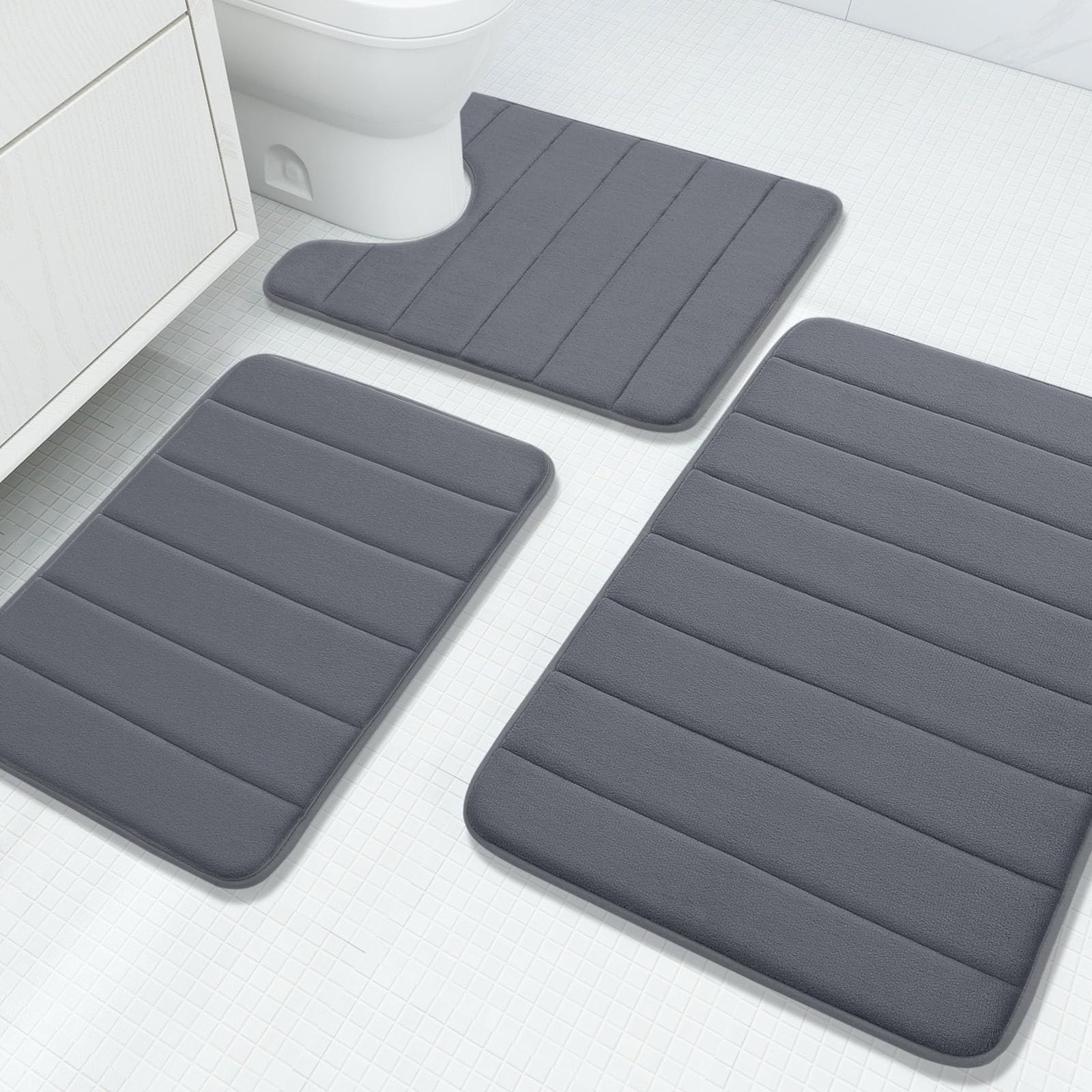 Buganda Memory Foam 3 Pieces Bathroom Rugs Set - Thick Soft Absorbent Non-Slip Bath Mats, Washable Small/Large/Contour Bath Rugs (24" x 16" + 30" x 20