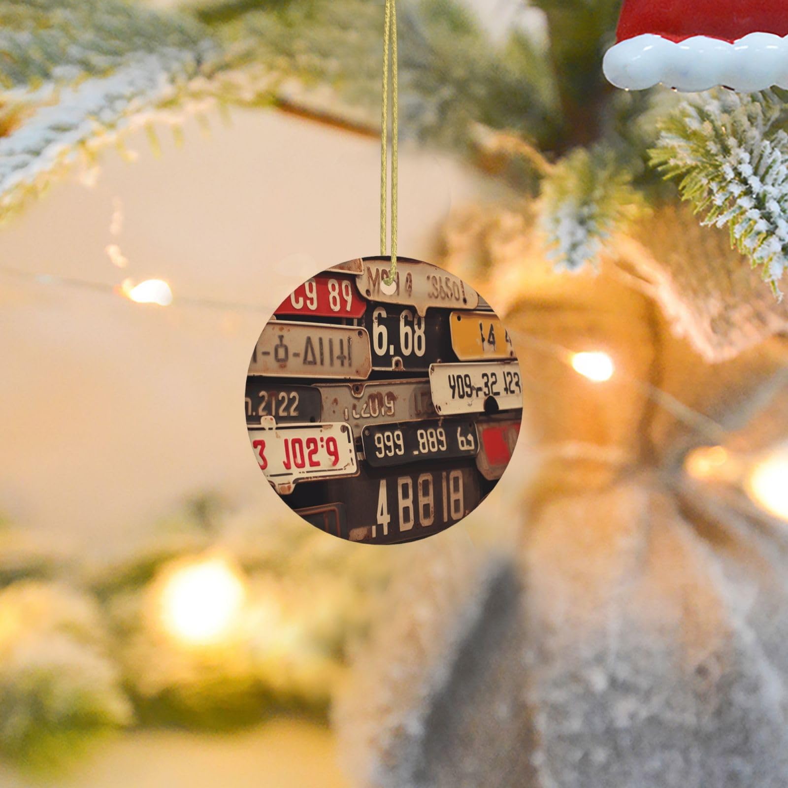 Christmas Tree Ornaments Ceramics Christmas Round Decorations Old License Plate Ceramics Ornaments Circle Pentagram Xmas Tree Hanging Pendant for Christmas Tree Party Holiday Home Decor