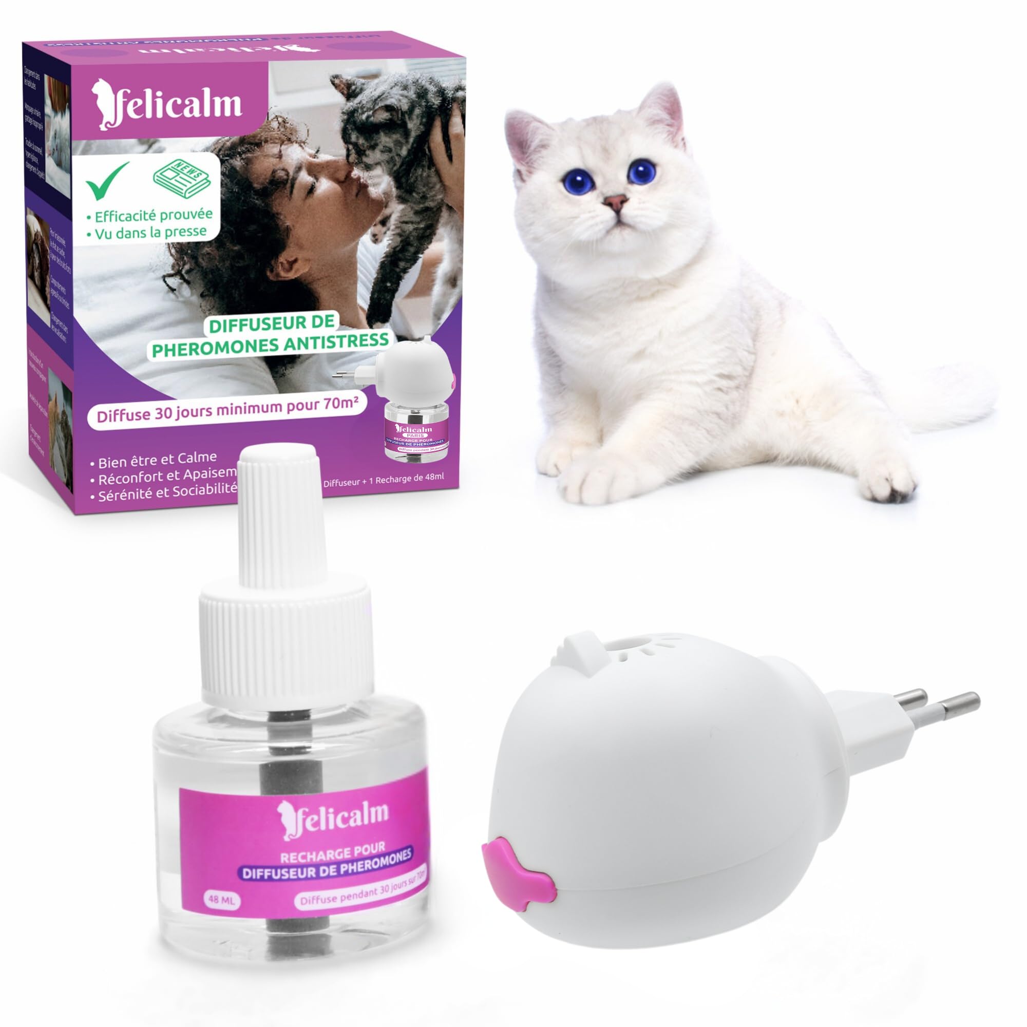 Paris -Nouvelle Formule de PHEROMONE pour Chat et Chaton -DIFFUSEUR Intelligent ECONOMIQUE SECURITAIRE + Recharge de 48 ML- Anti Stress pour Chat- CALMANT- Bonheur et Harmonie.