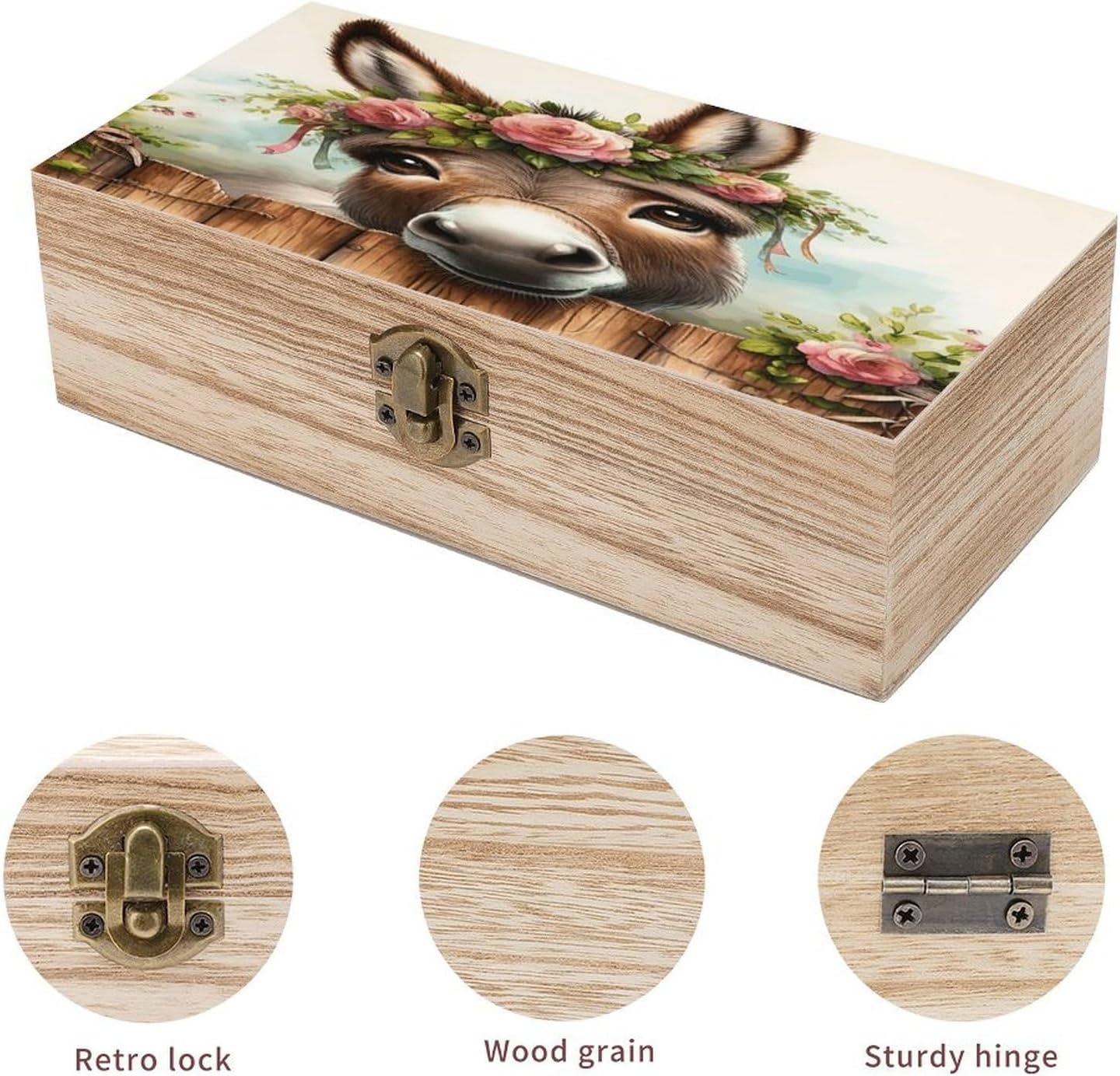 Donkey with Flower Vintage Wooden Storage Box with Hinged Lid Natural Wood Keepsake Box for Jewelry, Crafts & Gifts Rustic Memory Box Organizer for Home Decor, Rings, Trinkets image 3