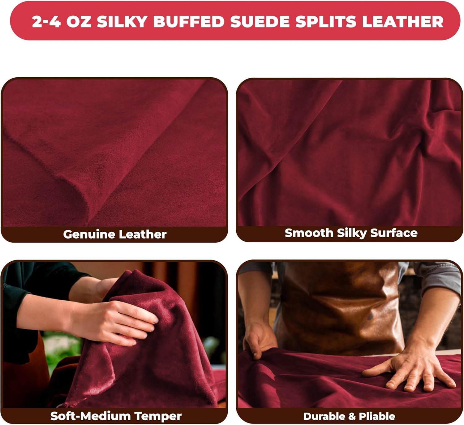 ELW Premium Suede Cowhide 2-4 oz (1-1.6mm) - Soft Full Grain Pre-Cut Side Leather - (2-4 SQ FT,Burgundy) - USA Made Silky Buffed Suede Fabric Leather for Car Upholstery, Crafts, Garments, Furniture