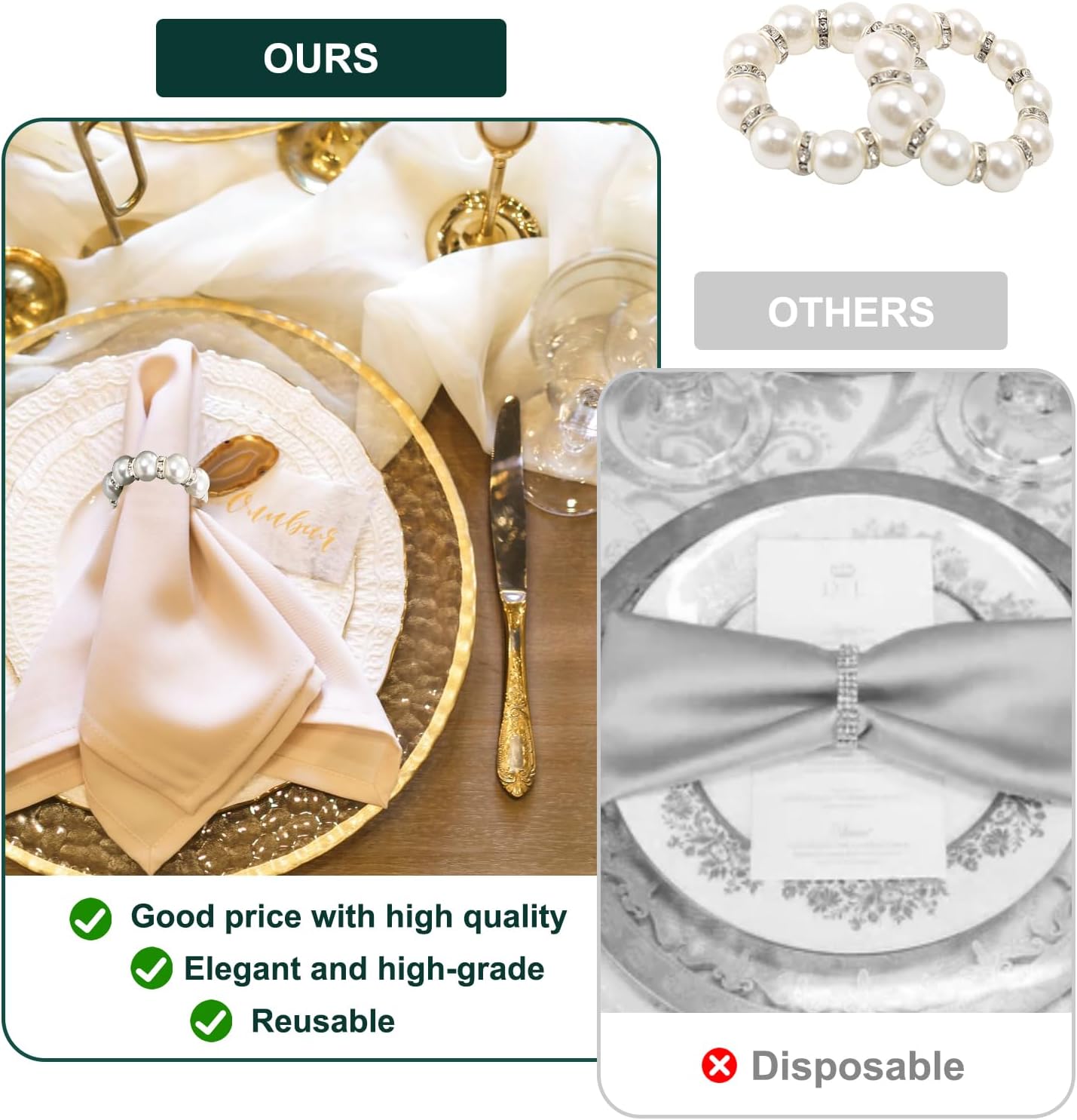 100Pcs Pearl Napkin Rings, Delicate Pearl Napkin Ring Holder, Elegant Imitation Beaded Serviette Rings Buckle for Wedding Reception Party Banquet Dinner Table Decor Use (Silver, Medium)
