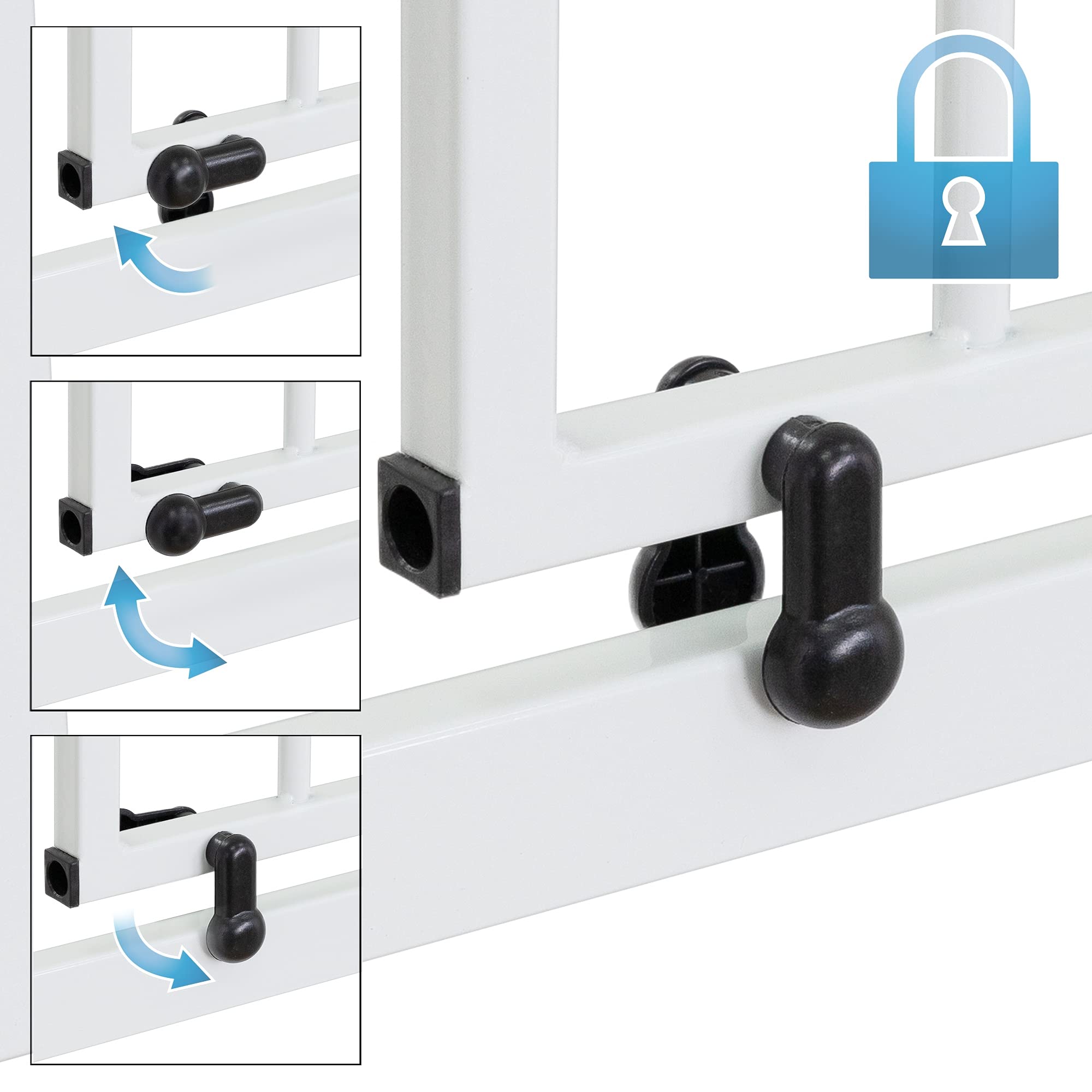 ECD Germany Barrera de Seguridad para Niños, Perros y Gatos 85-95 cm Incl. 10cm de Extensión Protector de Puerta Metálico Blanco Giratoria Ambos Lados Sistema de Cierre Automático para Escaleras