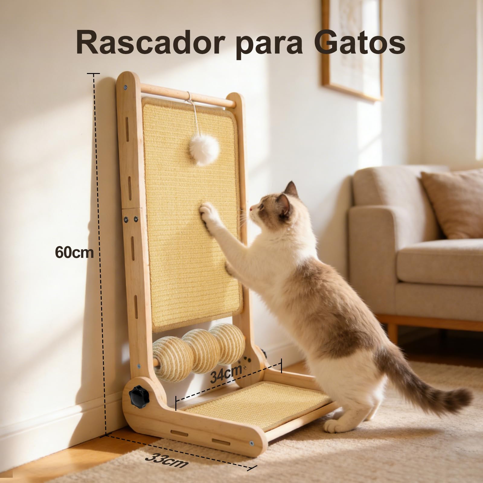 DONWEI Rascador Gatos L Vertical 60CM Sisal Extraíble Protector Muebles | Sisal antiarañazos, estructura L, alfombra extraíble, rasca pared, todos gatos interior