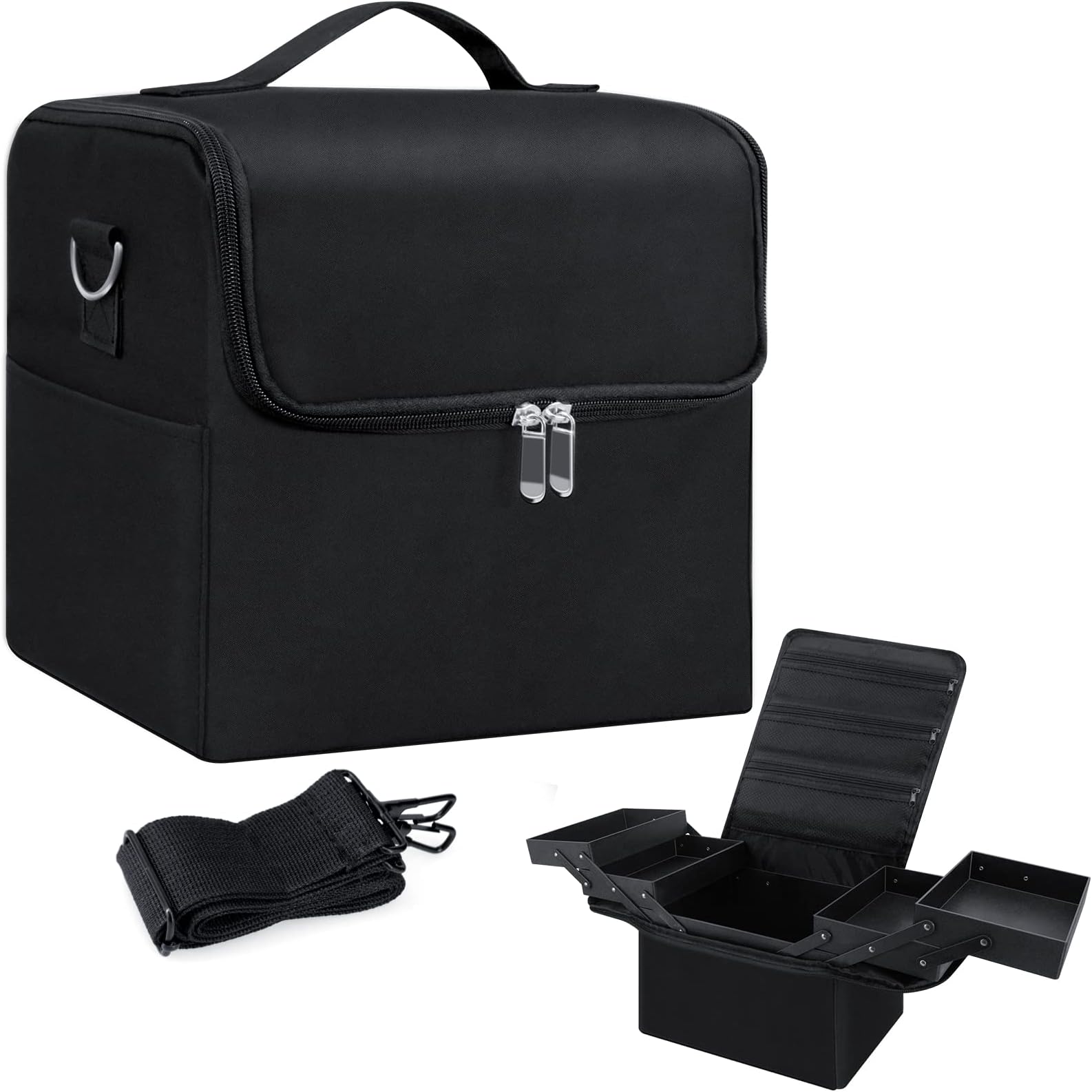 Makeup Organiser Box Vanity Cases: Professional Cosmetic Boxes - Large Travel Make up Bag Storage Nail Art Kit Beauty Cases - Black Cosmetics Bags Organizer Set for Girls & Women