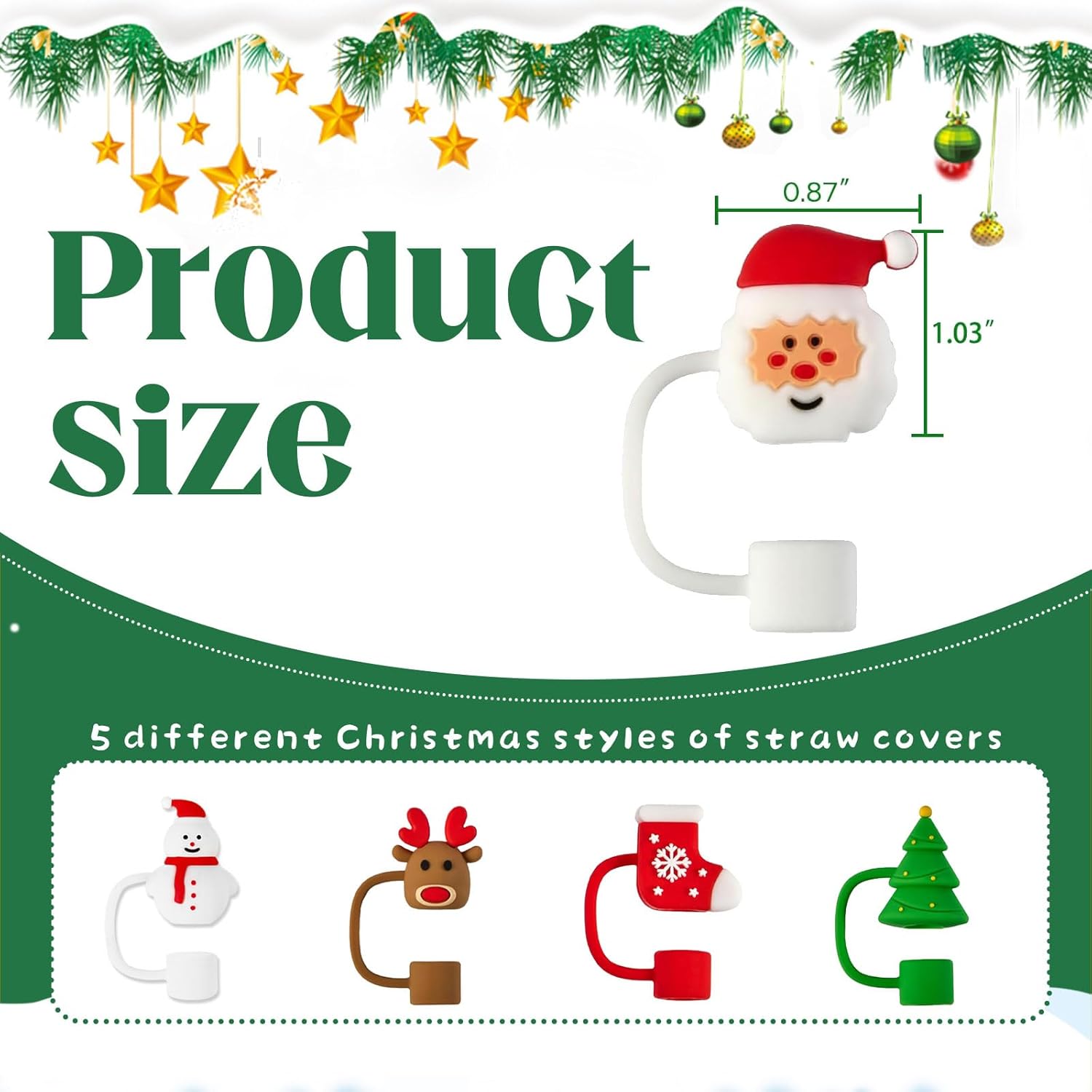 Stanley Cap Straw Accessories - 5Pcs Reusable Silicone Dust-Proof Toppers, Santa Claus Christmas Tree Design, 10mm - Image 2
