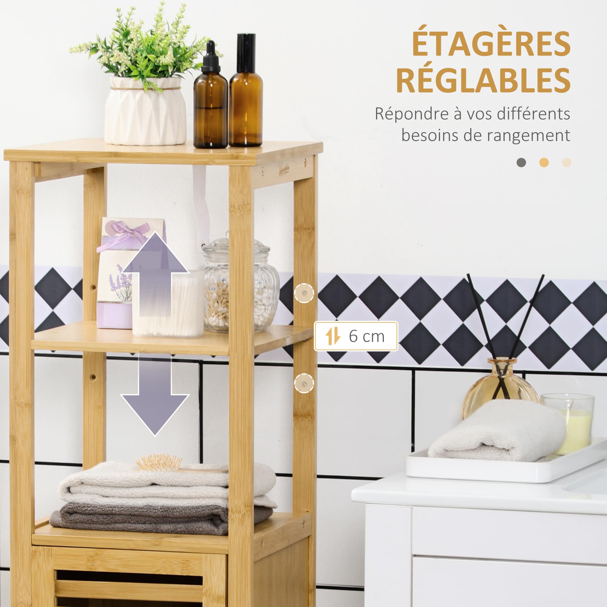kleankin Meuble Colonne Salle de Bain en Bambou, Armoire de Salle de Bain Haute avec 2 étagères Ouvertes et Placard, Meuble de Rangement pour Salon, WC, 32,9 x 29,9 x 120 cm, Bois Naturel