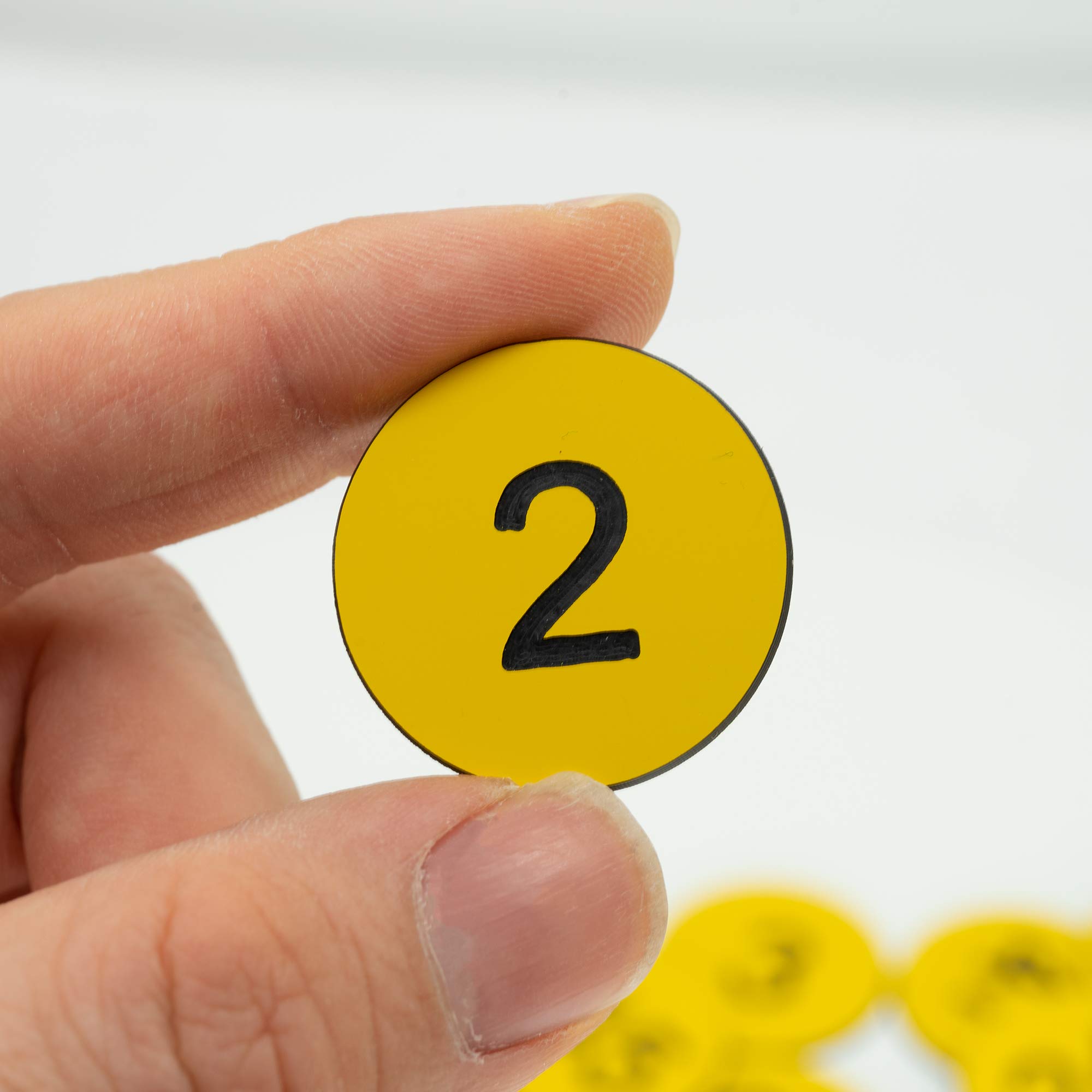 StayMax Engraved Numbered Tags Without Hole (1-100, Yellow) - 100 Labels, Round, Plastic, Uncoated, 1.18" DIA, Tag - Image 3